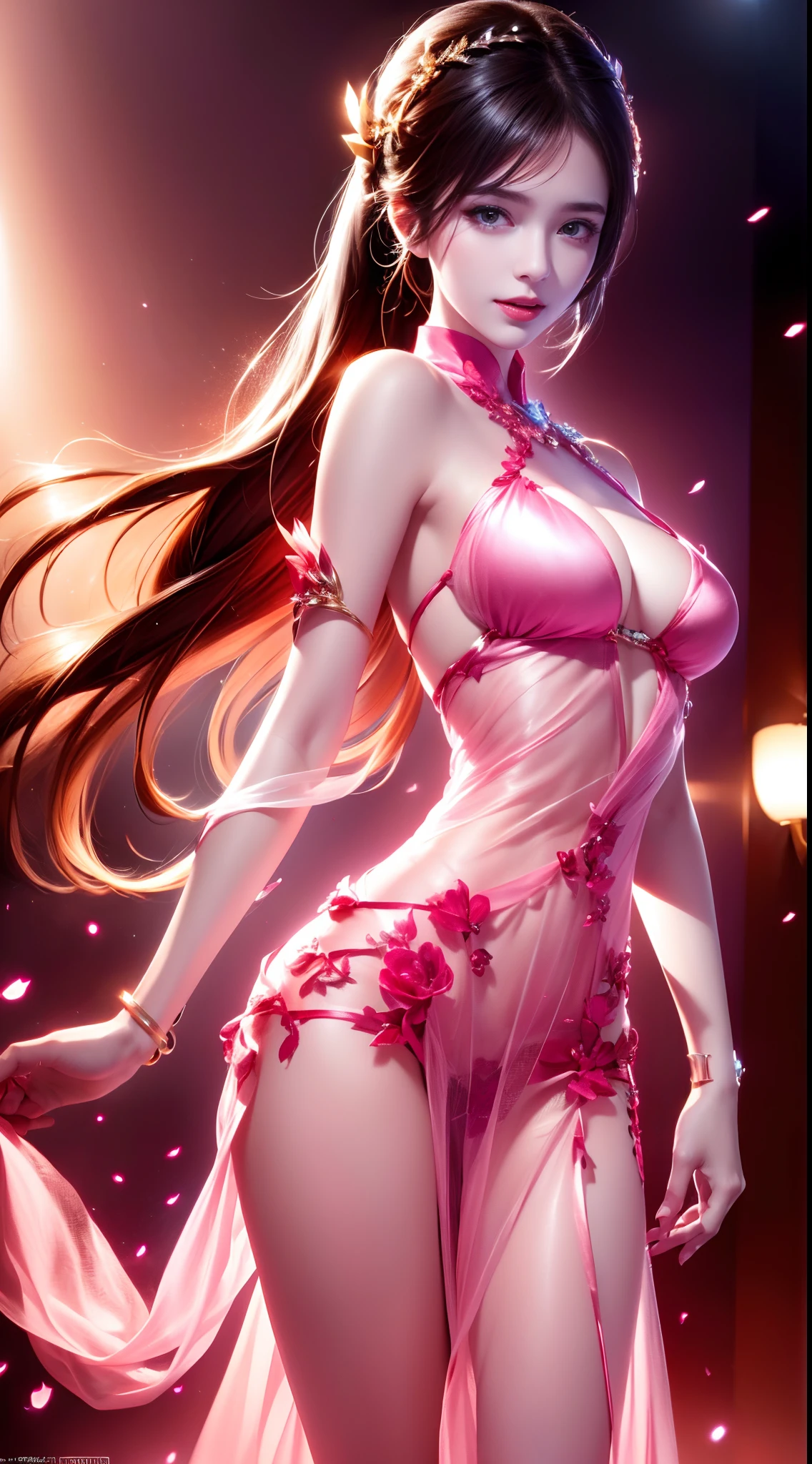 8k, masterpiece, RAW photo, best quality, photorealistic, extremely detailed CG unity 8k wallpaper, Depth of field, Cinematic Light, Lens Flare, Ray tracing, (extremely beautiful face, beautiful lips, beautiful eyes), intricate detail face, ((ultra detailed skin)) 1girl, in the dark, deep shadow, pretty Asian girl, idol,(very slim slender fit-muscled body:1.3), ((looking at viewer)),(big smile:1.3), (cityscape, blurry background), (dim lights, rooftops, veranda), pretty girl, earrings, bracelets, necklace, clear eyes, walking , front shot, (pale skin), face forward, (big eyes), ((full body shot)), ((black silk Laced)), ((see-through red color sleep gown:1.3)), (brown hairs) (looking at viewer:1.3), (laced panty), open breast, medium breasts, have a sheen , (See through, pink sleeping gown :1.3), veranda