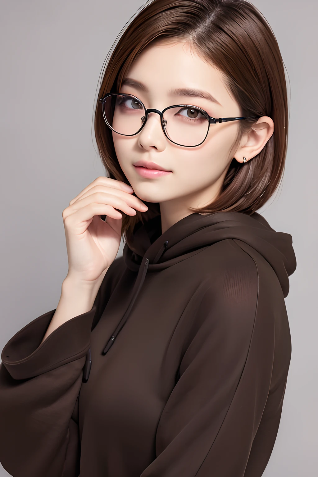 ((Beauty like a model)), masterpiece, The highest image quality, ultra-detailliert, ((Perfect face+Brown hair)), Close up of, Short bob hair,Wolfcut,Viewer's Perspective, detailed hairs、Detailed eyes(realisticeyes),profetional lighting,middlebreasts,(Brown eyes),(Big Black Hoodie),(slenderbody:1.2),adult lady,About 28 years old,glamor,kindly smile,Half Girl,Lashes,二重まぶた,Black 7-Minute Sleeve Shirt,Square glasses with black ,