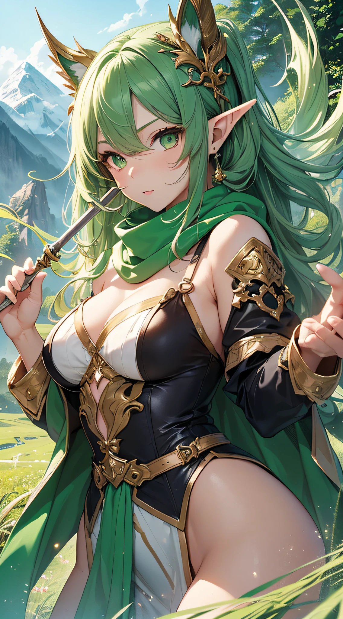 top-quality、Top image quality、masterpiece、An elf girl((18year old、Best Bust、big bast,Beautiful green eyes、Breasts wide open, Green Twin Tail、a little muscular、Large valleys、Reflecting the whole body、Green Scarf、White robed clothes、Hold the rapier with both hands、Green Wind Aura))hiquality、Beautiful Art、Background with((mountain path、Large grasslands,)))、,masutepiece、visualart、depth of fields、
