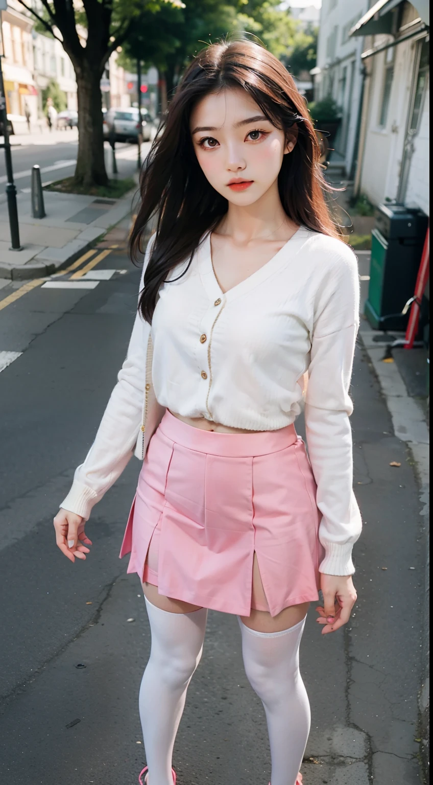 Best Quality, full-body portrait, a delicate face, beautifull face, Big Eyes: 1.1, makeups: 1.3, 25yo female, (((slender fit body))), Small bust, White Office Shirt, cardigan, Pink Hip Skirt, Black stockings, outdoor scene, standing posture