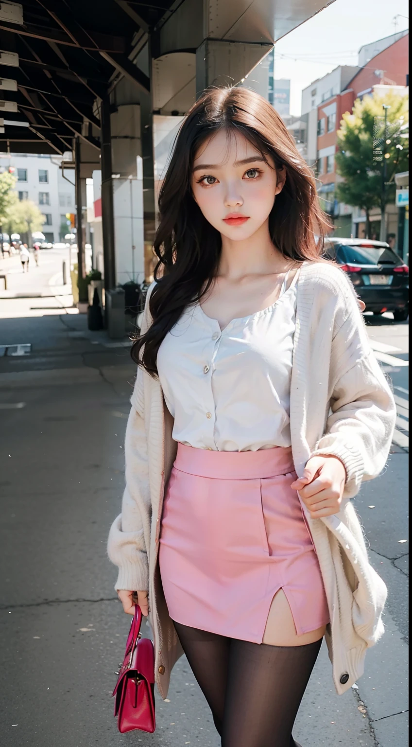 Best Quality, full-body portrait, a delicate face, beautifull face, Big Eyes: 1.1, makeups: 1.3, 25yo female, (((slender fit body))), Small bust, White Office Shirt, cardigan, Pink Hip Skirt, Black stockings, outdoor scene, standing posture