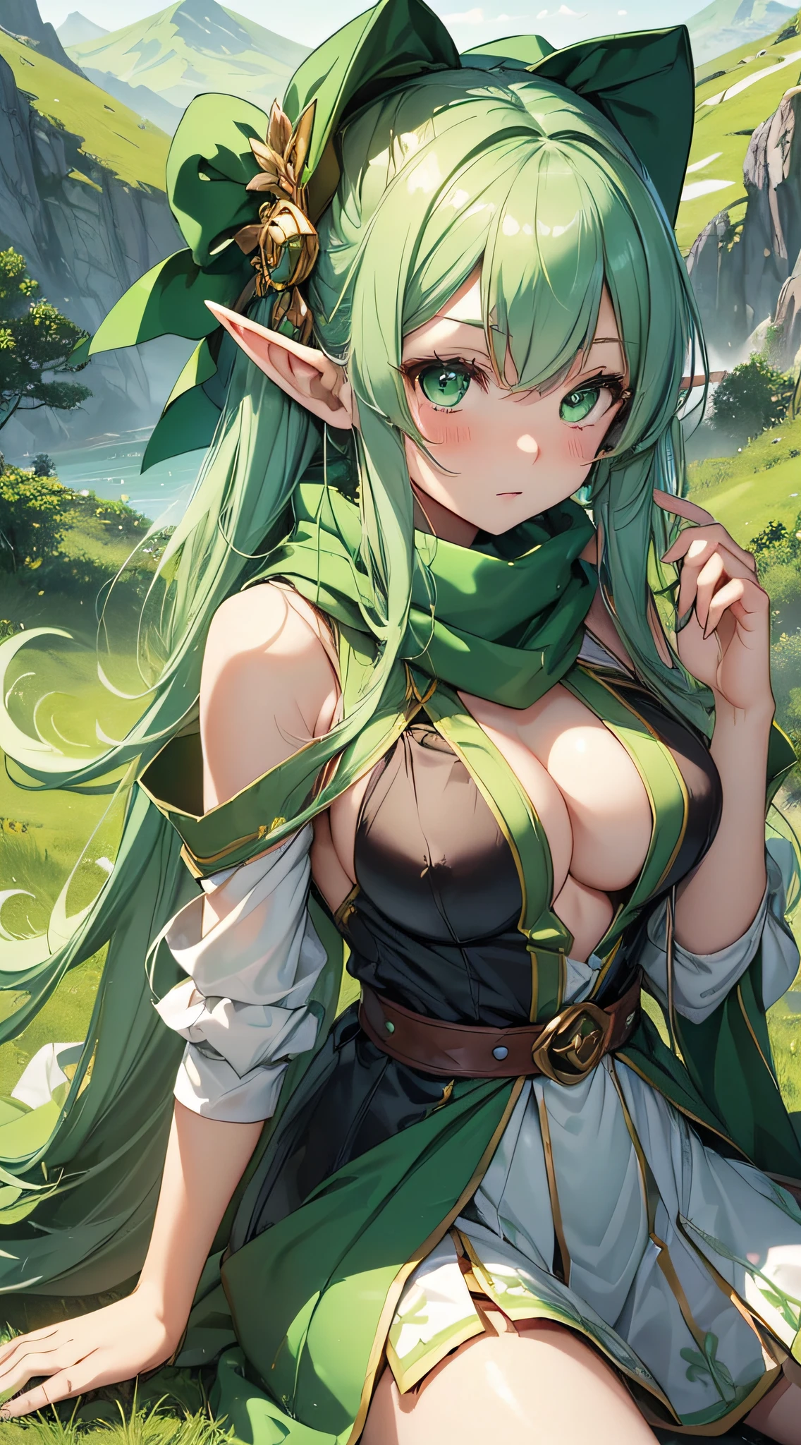 top-quality、Top image quality、​masterpiece、An elf girl((18year old、Best Bust、big bast,Beautiful green eyes、Breasts wide open, Green Twin Tail、a little muscular、Large valleys、Reflecting the whole body、Green Scarf、White robed clothes、Green Wind Aura、Physical education sitting)）hiquality、Beautiful Art、Background with((mountain path、Large grasslands,)))、,masutepiece、visualart、depth of fields、
