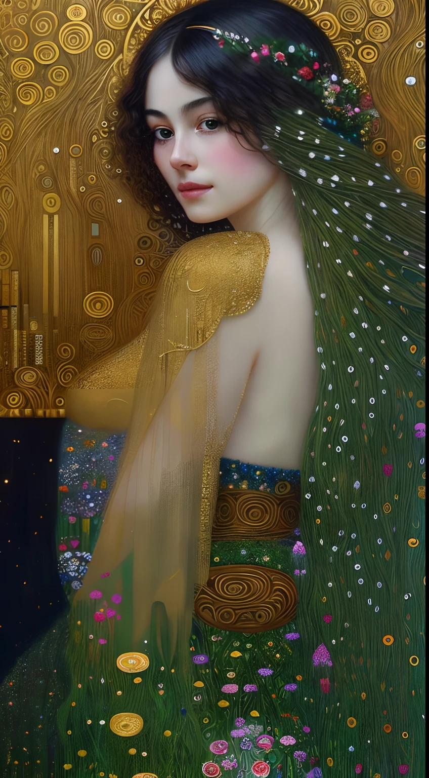 high quality, highly detailed, Envision a hyper-realistic portrait inspired by the enchanting style of Gustav Klimt, set in a magical twilight forest. The captivating stunning woman, adorned in flowing robes reminiscent of Klimt's golden period, stands amidst ethereal flora under the soft glow of the moon, Drawing from Klimt's intricate patterns and symbolism, the artist meticulously captures the beautiful woman's features, emphasizing the mesmerizing details of her expression, The strands of her hair cascade gracefully, echoing Klimt's ornate and decorative compositions, by yukisakura, high detailed,