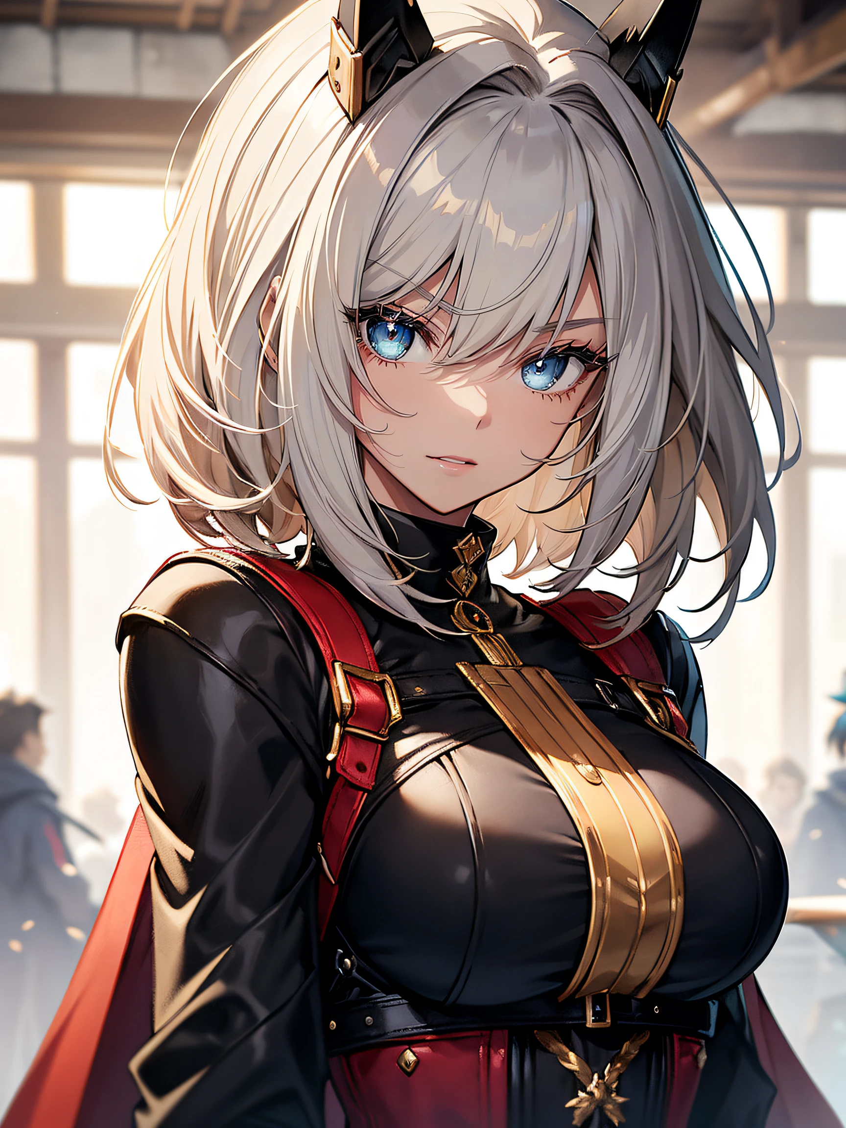hiquality, hight resolution, ultra-detailliert, high-level image quality, hightquality, anime illustrated, (finely detailed beautiful eye: 1.2), Detailed eye depiction, (finely detailed eyes and detailed face:1.3), (extremely details CG, Best Shadow:1.1), Depth of field and blur, (Perfect Detail: 1.1) , digitial illustration, Enamel Art, Center, Watercolor painting, art stations, concept-art, character sheets, Lightning Wave, beautiful anime watercolors, Vibrant colors, Sharp Focus, art by:hyung tae kim, Fine detail, intricate detailes, highleg, Colossal tits, gargantuan butt、Curvaceous body, Detailed eye depiction, Vibrant colors, Sharp Focus, realistic skin textures、Whip body,Short Cut Hairstyle, (Blonde) Hair color, (Black) eyeshadows, () Lip color, (Red) And (Black) Checkered corset, (Black) Leather pants, (Black) long boots, As for accessories (Silver) Sword, (gold) Belt bag, (Red) Cape, The background is (white) And (gold) Luxurious castle, Face the soldier in (Blue) And (Silver) armor.