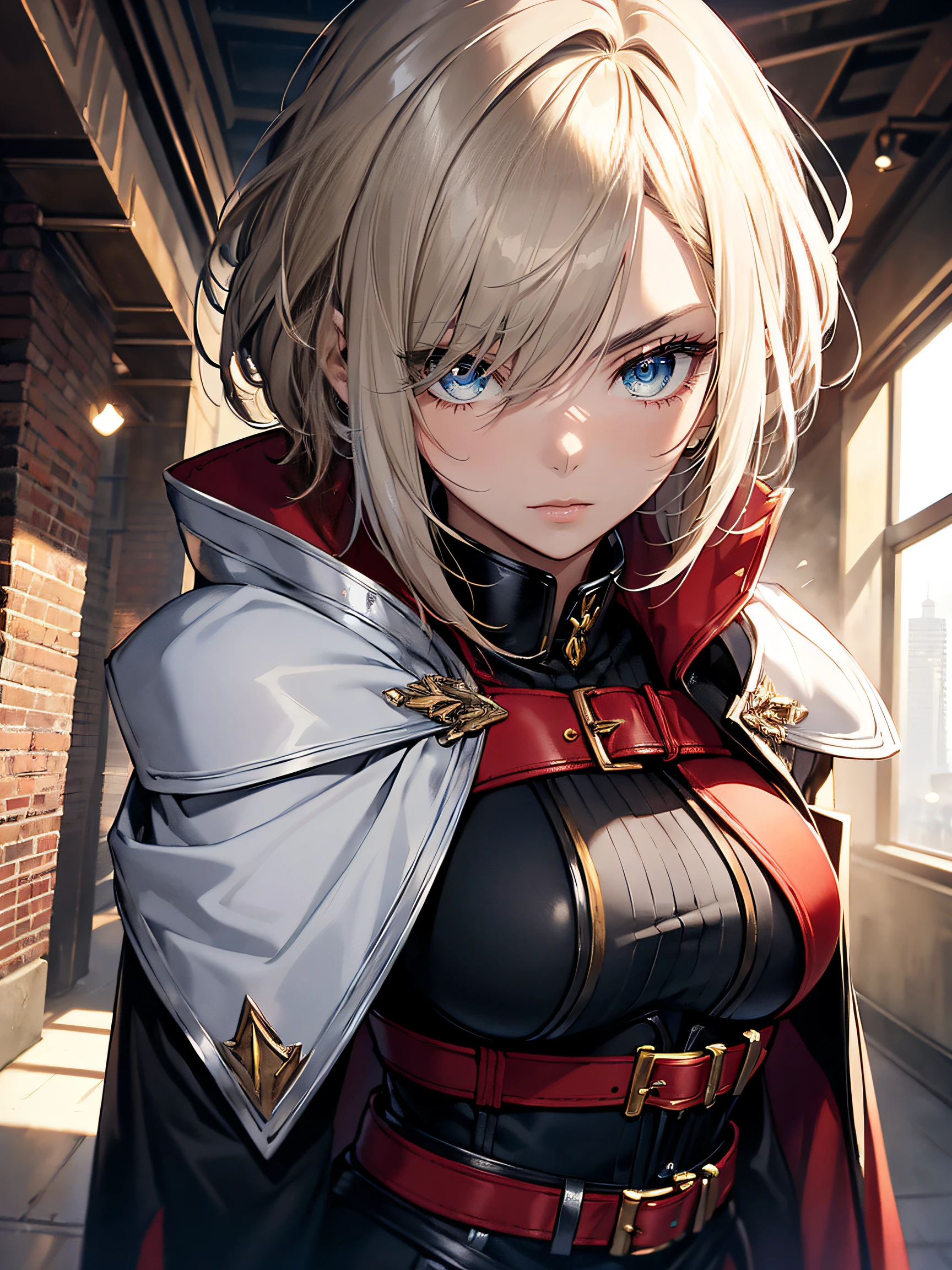 hiquality, hight resolution, ultra-detailliert, high-level image quality, hightquality, anime illustrated, (finely detailed beautiful eye: 1.2), Detailed eye depiction, (finely detailed eyes and detailed face:1.3), (extremely details CG, Best Shadow:1.1), Depth of field and blur, (Perfect Detail: 1.1) , digitial illustration, Enamel Art, Center, Watercolor painting, art stations, concept-art, character sheets, Lightning Wave, beautiful anime watercolors, Vibrant colors, Sharp Focus, art by:hyung tae kim, Fine detail, intricate detailes, highleg, Colossal tits, gargantuan butt、Curvaceous body, Detailed eye depiction, Vibrant colors, Sharp Focus, realistic skin textures、Whip body,Short cut hairstyle, (blonde) hair color, (black) eyeshadow, (nude) lip color, (red) and (black) checkered corset, (black) leather pants, (black) boots, Accessories are (silver) sword, (gold) belt, (red) cape, Background is inside a (white) and (gold) luxurious castle, facing soldiers in (blue) and (silver) armor.