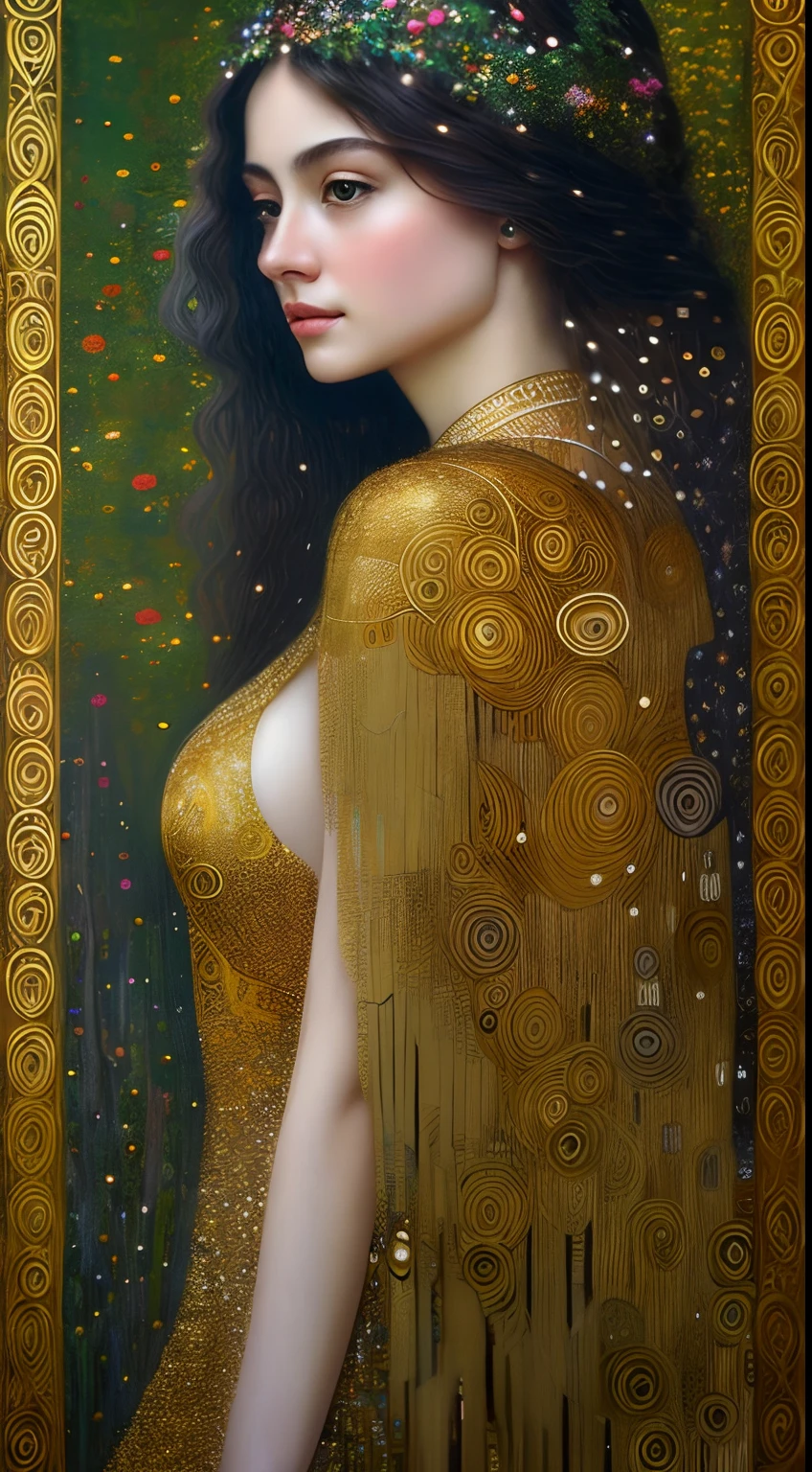 high quality, highly detailed, Envision a hyper-realistic portrait inspired by the enchanting style of Gustav Klimt, set in a magical twilight forest. The captivating stunning woman, adorned in flowing robes reminiscent of Klimt's golden period, stands amidst ethereal flora under the soft glow of the moon, Drawing from Klimt's intricate patterns and symbolism, the artist meticulously captures the beautiful woman's features, emphasizing the mesmerizing details of her expression, The strands of her hair cascade gracefully, echoing Klimt's ornate and decorative compositions, by yukisakura, high detailed,