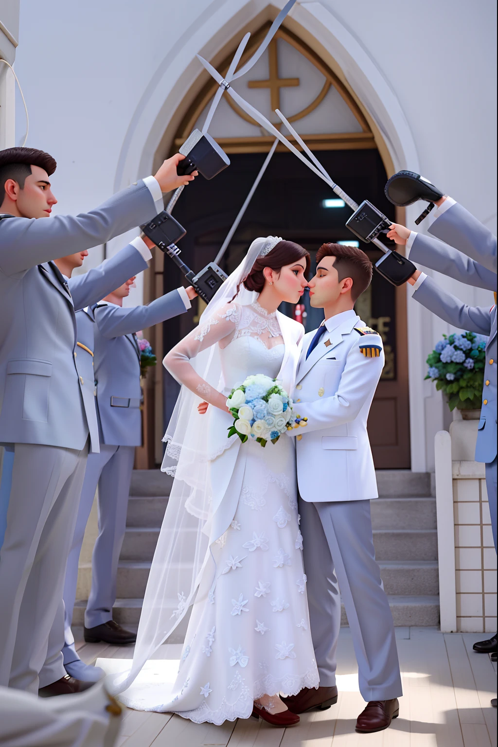 Newlywed couple, enfrente a porta da igreja, se beijando. A mulher, um pouco mais alta, veste vestido de noiva branco, cabelo em um coque baixo, e alguns fios soltos na frente. She wears a long, white veil and holds a bouquet of blue hydrangeas. O homem, Army Officer, wears a white blazer and grey trousers. Os outros militares erguem as espadas para fazer um tunel de ferro sobre o casal.