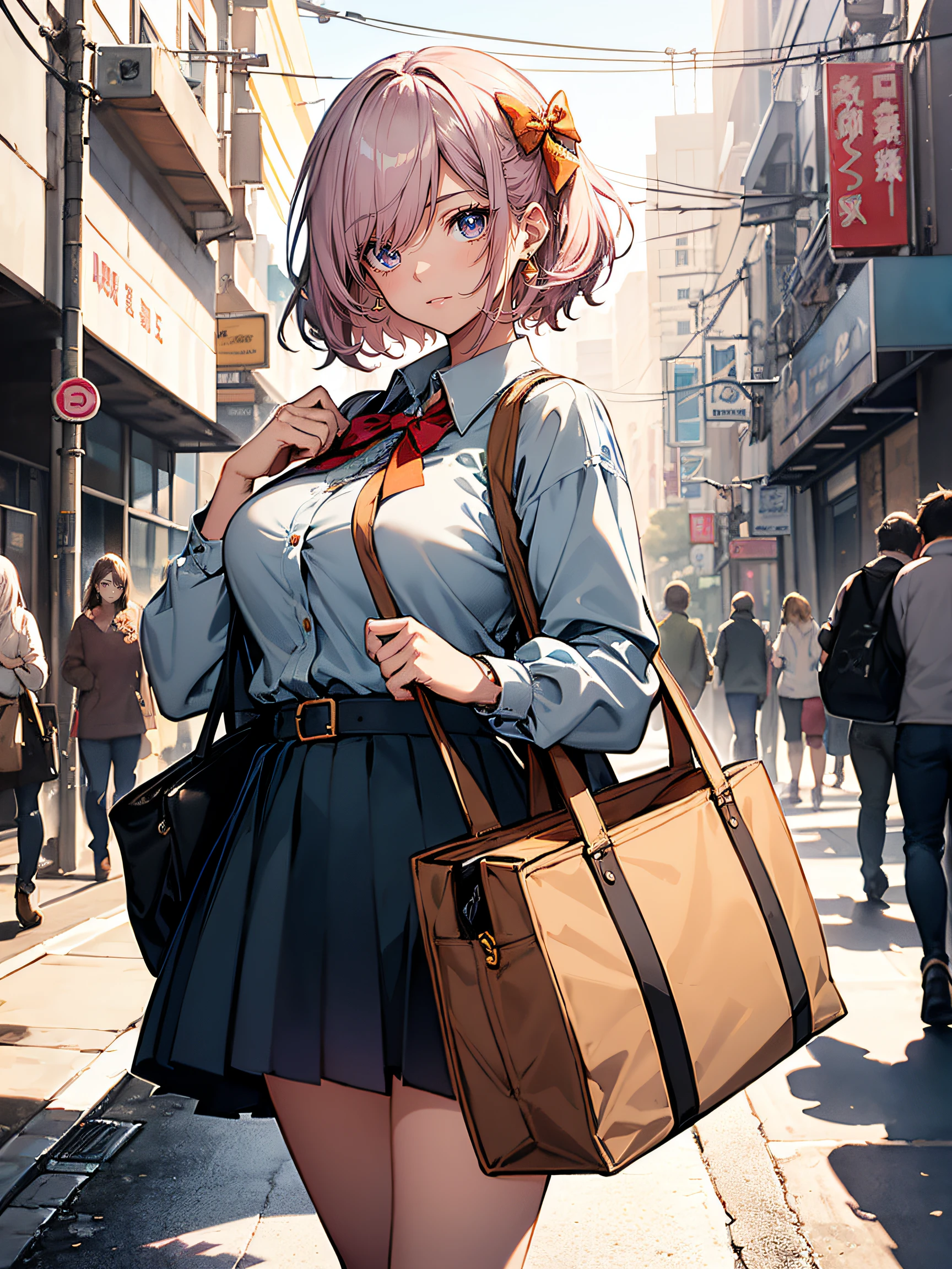 hiquality, hight resolution, ultra-detailliert, high-level image quality, hightquality, anime illustrated, (finely detailed beautiful eye: 1.2), Detailed eye depiction, (finely detailed eyes and detailed face:1.3), (extremely details CG, Best Shadow:1.1), Depth of field and blur, (Perfect Detail: 1.1) , digitial illustration, Enamel Art, Center, Watercolor painting, art stations, concept-art, character sheets, Lightning Wave, beautiful anime watercolors, Vibrant colors, Sharp Focus, art by:hyung tae kim, Fine detail, intricate detailes, highleg, Colossal tits, gargantuan butt、Curvaceous body, Detailed eye depiction, Vibrant colors, Sharp Focus, realistic skin textures、Whip body,Short bob hairstyle, (pink) hair color, (gray) eyeshadow, (blue) lip color, (white) bow tie blouse, (navy) long pleated skirt, (red) pumps,Accessories are 8-carat diamond necklace on (silver) chain, (gold) earrings, (orange) tote bag,Background is a young girl in a clean uniform standing in front of 109 and waiting for someone.