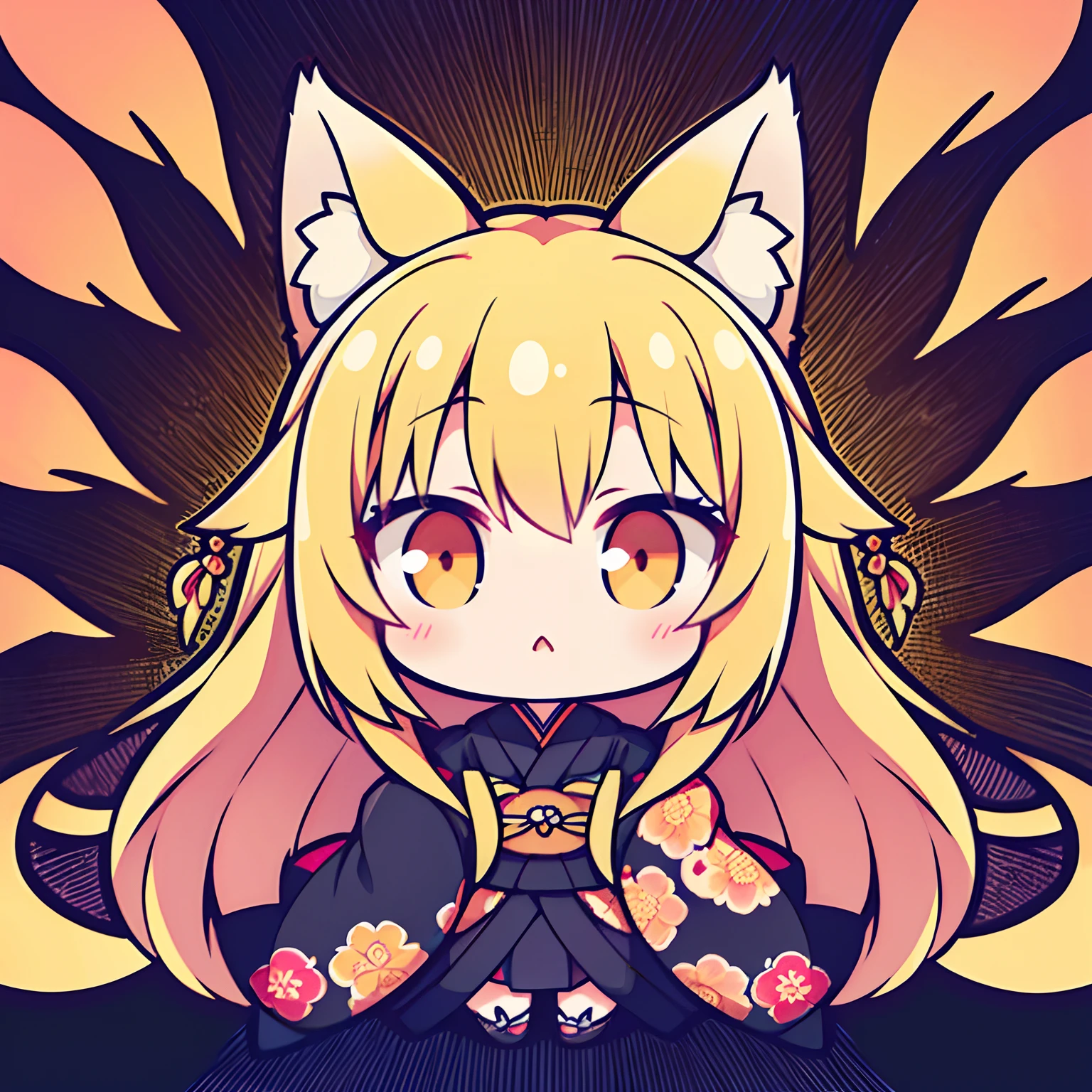Illustration, Golden Fox、Lots of Tails、Golden Eyes、length hair、Golden hair、a large amount of hair、(1 girl in,Little girl,chiquita),Traditional kimono,Black kimono,a lot of big fox tails、(Golden Eyes、Fox ears、length hair、Golden hair,Hair flowing in the wind),Beautiful face、a large amount of hair、Thick kimono、Black kimono、Plum floral pattern、Overlapping kimonos,Deformed,Chibi Chara,SDIZATION,kawaii,Black background,Don't draw anything on the background,(No text)