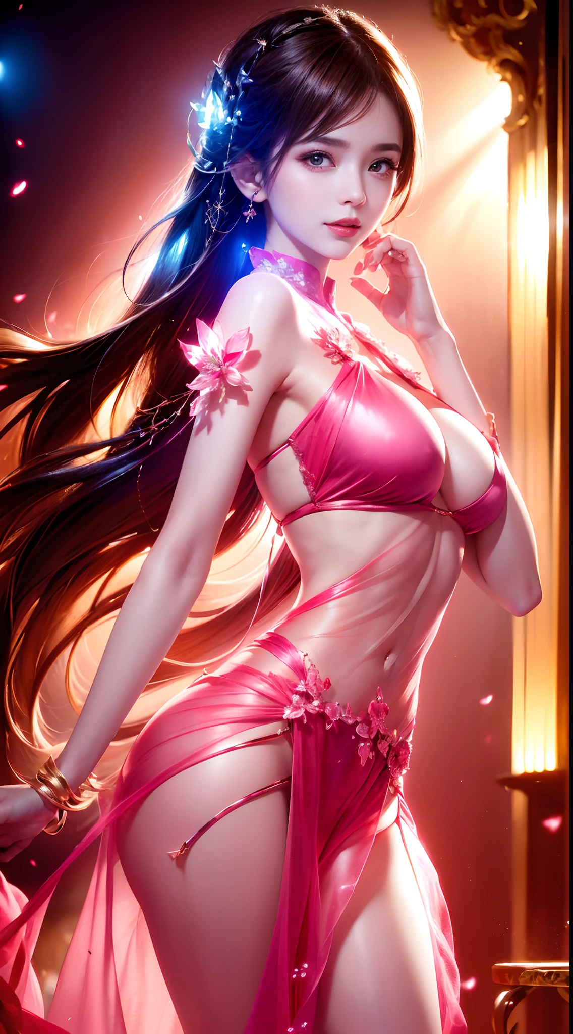 8k, masterpiece, RAW photo, best quality, photorealistic, extremely detailed CG unity 8k wallpaper, Depth of field, Cinematic Light, Lens Flare, Ray tracing, (extremely beautiful face, beautiful lips, beautiful eyes), intricate detail face, ((ultra detailed skin)) 1girl, in the dark, deep shadow, pretty Asian girl, idol,(very slim slender fit-muscled body:1.3), ((looking at viewer)),(big smile:1.3), (cityscape, blurry background), (dim lights, rooftops, veranda), pretty girl, earrings, bracelets, necklace, clear eyes, walking , front shot, (pale skin), face forward, (big eyes), ((full body shot)), ((black silk Laced)), ((see-through red color sleep gown:1.3)), (brown hairs) (looking at viewer:1.3), (laced panty), open breast, medium breasts, have a sheen , (See through, pink sleeping gown :1.3), veranda