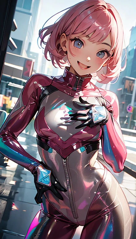 Angelic Very beautiful cute girl,
Beautiful detailed eyes,
Detailed double eyelids,
(Cute eyes),
Short Detail Hair
See-through bangs,
Sharp Focus,
beautiful detailed face and eyes,
drooping eyes,BREAK
(Super Gloss Metallic Coral Pink Transparent Holographic Suit:1.2), (Super Tight Fit Holographic Suit、Superreflective surface:1.5),
(Super Tight Fit Holographic Suit:1.5) ,
(Super Reflective Holographic Suit:1.3),
(Standing:1.5、),
small nose,(爆乳),
(Smile happily with mouth wide open:1.5),
permanent,Head of hair with short detail hair,
Beautiful legs,
(Best Quality:1.2),
Raw photo,
High resolution,
perfect detail,
Professional Photography,
Professional Lighting,
Strong lighting of the bodysuit,Outdoor photography,Long leg、