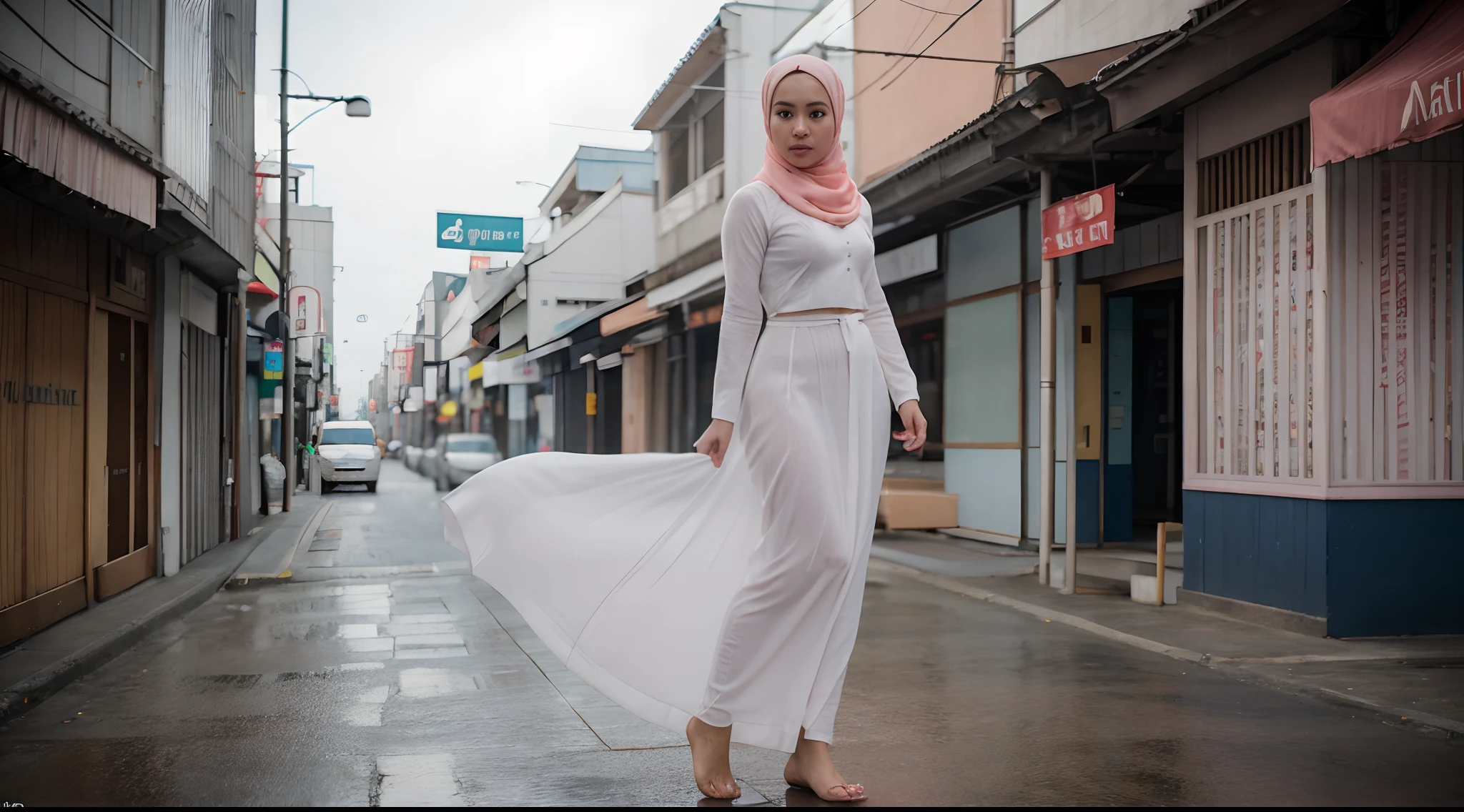 Photorealistic of Malay girl in hijab wearing white baju kurung walking in a japan city street in the morning, catwalk, sweating, wet body, very big sagging breast, very saggy breast, slim waist, wide hips, big round ass, thick thighs, thick leg, short girl, photo taken using Panavision DXL2, 28mm lens, close up shot, bright pastel color grading, bokeh, cinemascope, drama, high quality, ultra detailed, 8k resolution,