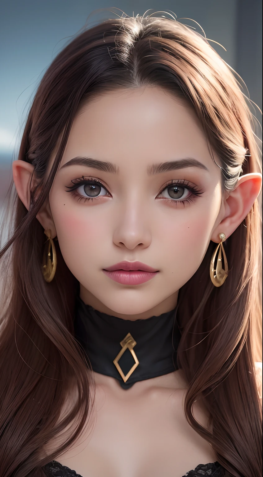 Elfgirl Hermosa chica con cabello rojo ondulado con brillo, burbujas de cabello, estremecimiento, long eyeslashes, Blue solid circle eyes, Maquillaje de sombras, labios rojos, Orejas de animales falsas, Earrings and cord, sonrisa ligera, senos grandes, escote, ear blush, Colmillos, with silver-brown gold, surrealismo, Sombra proyectada, Anaglifo, Estereograma, Tachi-E, Pov, atmosphric perspective, 8k, Super detail,  preciso, Mejor calidad, fondo defoliado