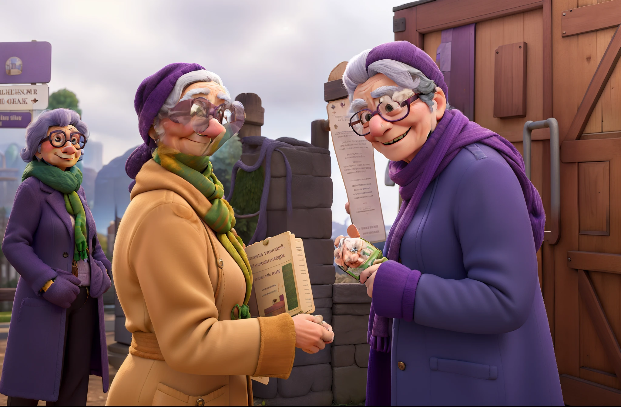 masterpiece, best quality, an old woman with glasses and a scarf on, wearing a purple coat and green scarf, standing at the park