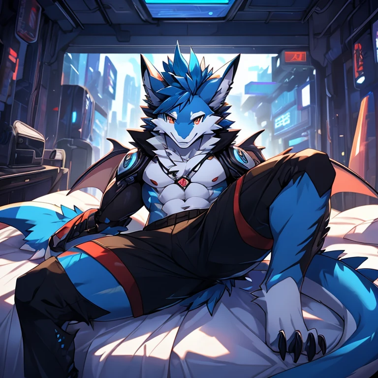 独奏，Male，Huge anthropomorphic furry Sergal characters，nakeness，Wear only black shorts, ripped abs,, Black and white fur, Bright blue mohawk, Shark tail，Dragon wings，A toothy and seductive smile, Cyberpunk interior background,sobu， scenic, Best quality, view the viewer, Vistas, ssmile，Be red in the face，tiese，Mecha core，Lie down in bed，Raised Legs，Cute wolf claws