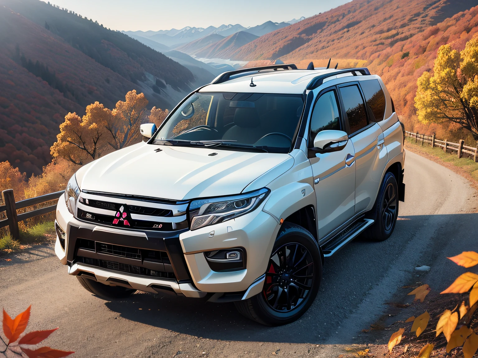 超A high resolution、An ultra-high picture quality、8K、Detailed details、marvelous expression、Late autumn valley、Beautiful autumn leaves、A white sports car that runs gracefully on a mountain pass built along the mountain、((MITSUBISHI Pajero Evolution GT Lucky Strike Color))