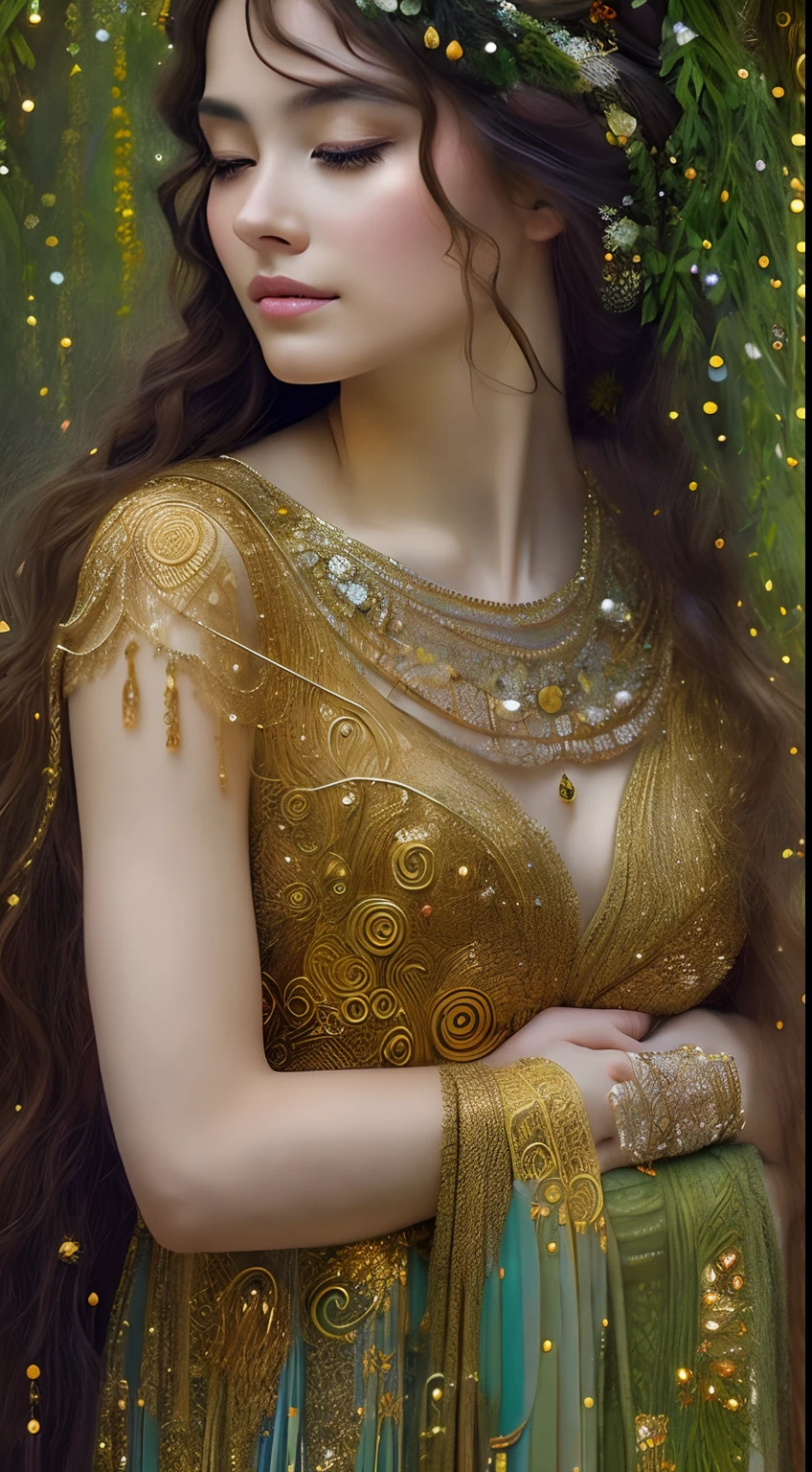 high quality, highly detailed, Envision a hyper-realistic portrait inspired by the enchanting style of Gustav Klimt, set in a magical twilight forest. The captivating stunning woman, adorned in flowing robes reminiscent of Klimt's golden period, stands amidst ethereal flora under the soft glow of the moon, Drawing from Klimt's intricate patterns and symbolism, the artist meticulously captures the beautiful woman's features, emphasizing the mesmerizing details of her expression, The strands of her hair cascade gracefully, echoing Klimt's ornate and decorative compositions, by yukisakura, high detailed,
