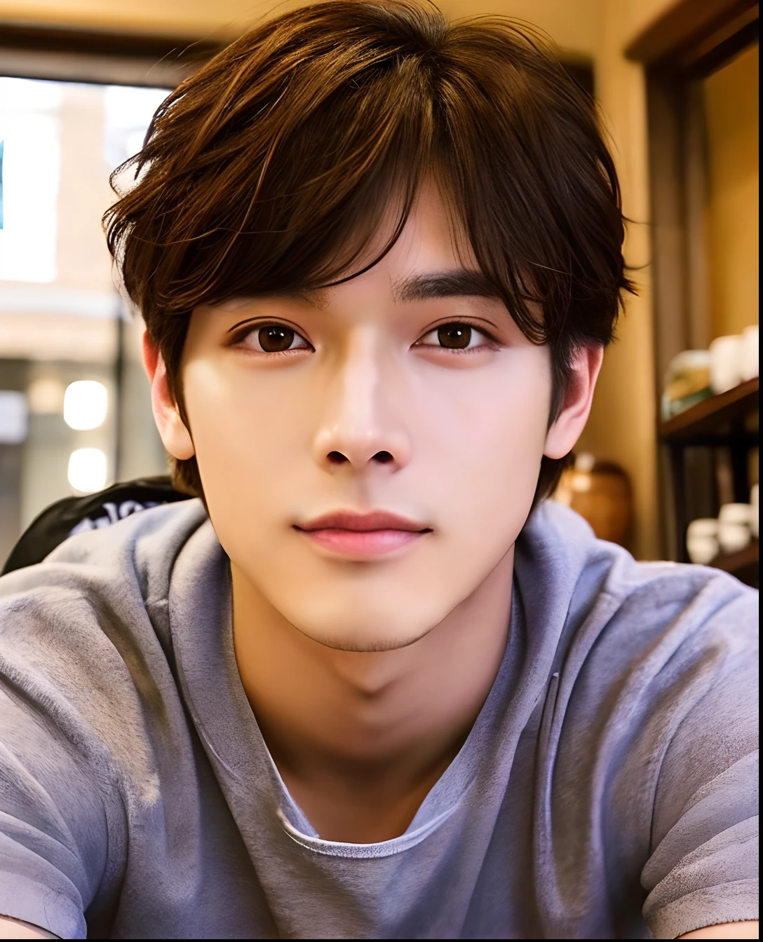 A face like Ryo Yoshizawa、Johnny's、Brown-eyed、Soft hair quality、Beautiful skin、cute face、Coffee shop clerk、Male 、25-years old、Raw photo、a handsome、Young Face、Stylish、high-level image quality、Ovoid contours、Face seen from the front、soft cheeks、Puppy-like face、Asian、neuter、Gentle impression、with round face
