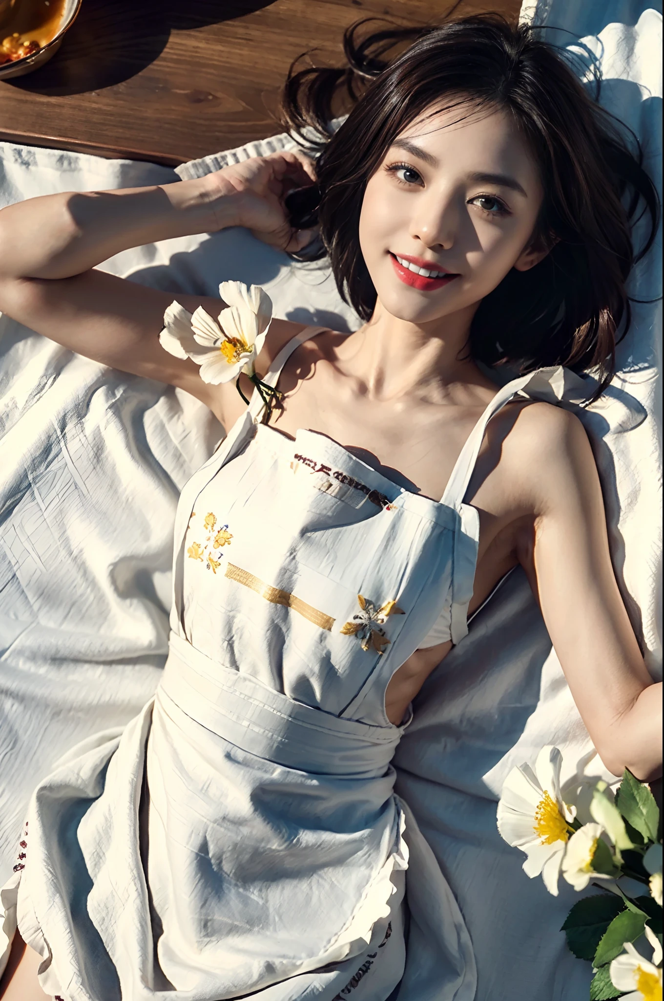 (perfect bodies: 1.1), (short-length straight bob hair:1),attractive collarbone，（extremely detremely detailed CG),(((8k))),Wallpapers，（Extremely refined and beautiful），（masterpiece:2.0),(best qualtiy:2.0），（超高分辨率:2.0），upper body，[A high resolution],a girl,small head,small face,cheerfulness，Smile，Smooth and flawless fair skin,Exquisite makeup,red lips,ultra - detailed,Elongated legs，（Small breasts:1.1),Flat chest,Slim,emaciated,No bra,After bath,(maxi white floral apron:1.5),At home, in dinning room,Close shot,nightfall,Warm Candlelight,a dinning table,(A huge hot pot on the table:1.3),(Lying flat on back on the dining table:1.4),from above,cowboy shot