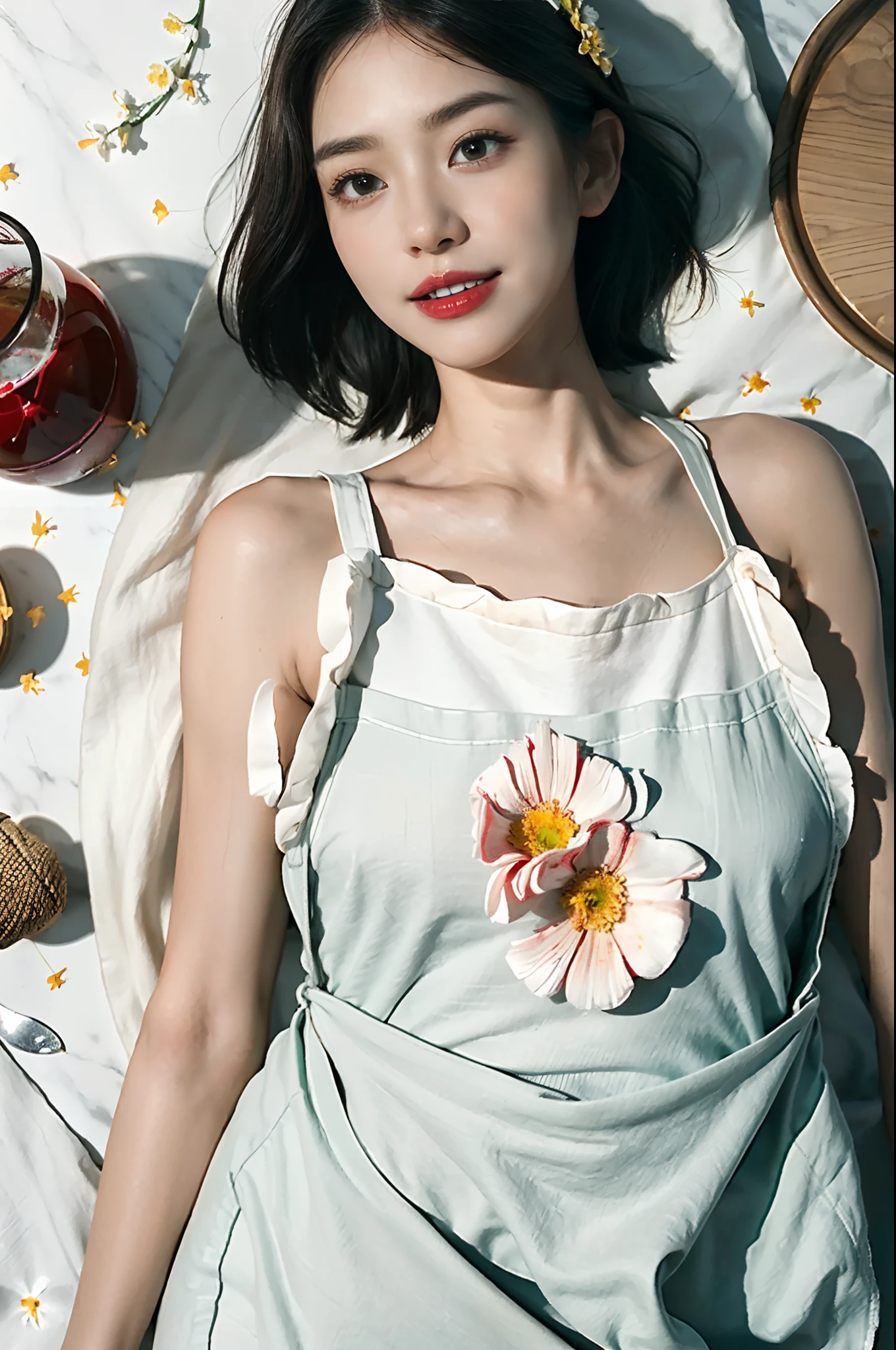 (perfect bodies: 1.1), (short-length straight bob hair:1),attractive collarbone，（extremely detremely detailed CG),(((8k))),Wallpapers，（Extremely refined and beautiful），（masterpiece:2.0),(best qualtiy:2.0），（超高分辨率:2.0），upper body，[A high resolution],a girl,small head,small face,cheerfulness，Smile，Smooth and flawless fair skin,Exquisite makeup,red lips,ultra - detailed,Elongated legs，（Small breasts:1.1),Flat chest,Slim,emaciated,No bra,After bath,(maxi white floral apron:1.5),At home, in dinning room,Close shot,nightfall,Warm Candlelight,a dinning table,(A huge hot pot on the table:1.3),(Lying flat on back on the dining table:1.4),from above,cowboy shot