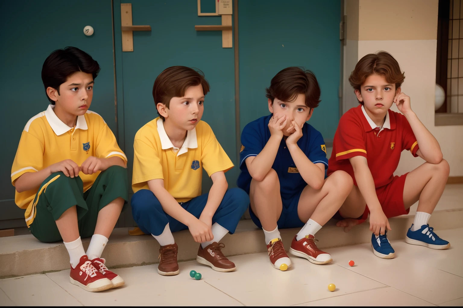 Year: 1988. Location: Northern Spain. two 11-year-old boys, disheveled hair, elementary school, recess, playing marbles, ((trying not to laugh)), hand over his mouth, ((("OMITB" cinematography))) ((Wes Anderson style))