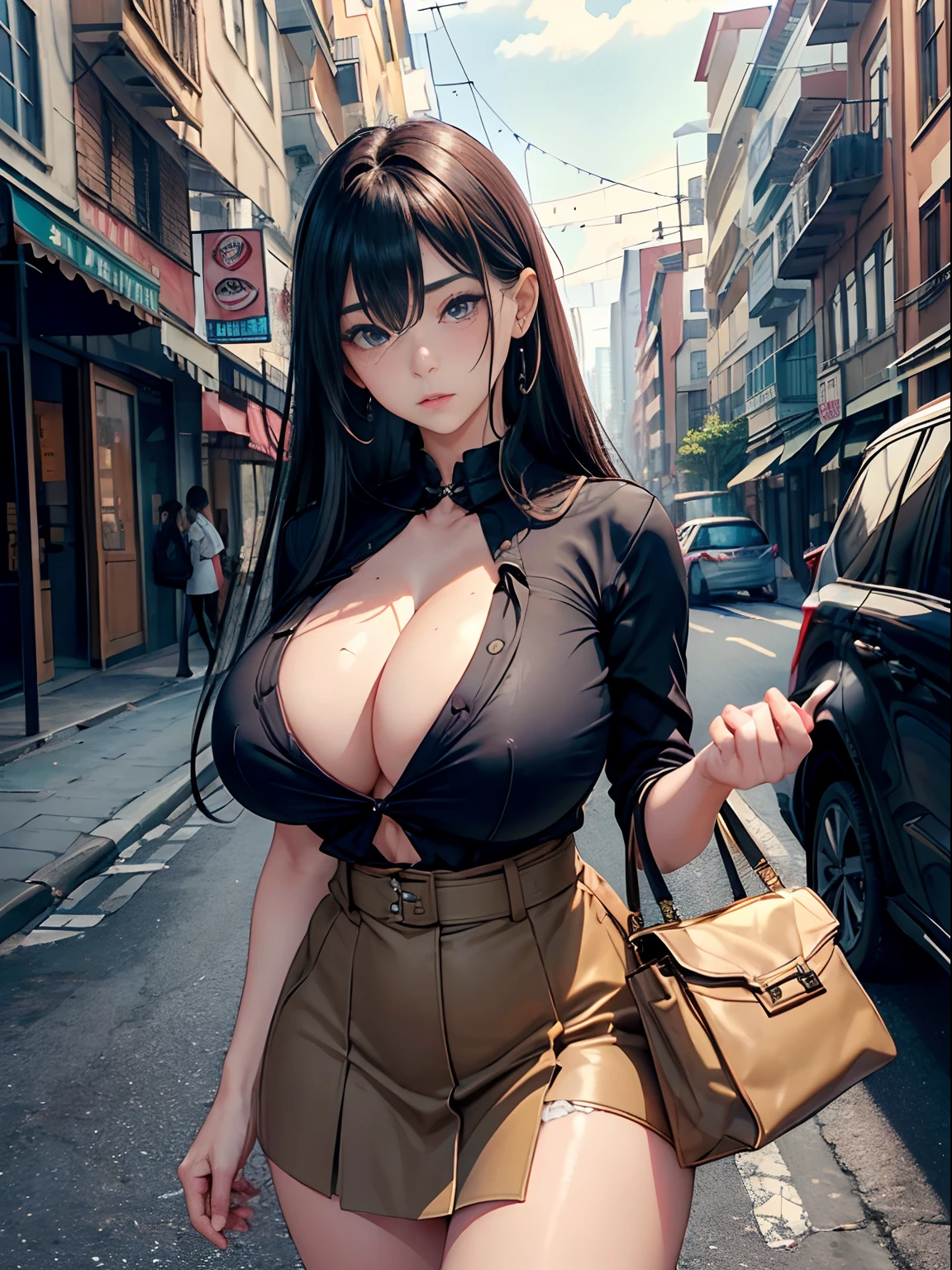 a 20 yo woman、(masterpiece:1.4)、(in 8K、realisitic、Raw photo、top-quality:1.4)、(Real Face:1.4)、(real looking skin:1.3)、超A high resolution、A hyper-realistic、Eyes in Beautiful Details、Black hair long hair、耳环、Brown blouse、flered skirt、bag、full bodyesbian、(huge-breasted:1.5)、gargantilha、Blushing、alluring face、troubled look、Bustling street、to stand