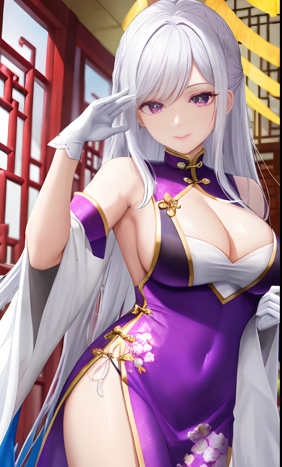 A woman，Watching the view，，White hair，Wear purple robes，Long white gloves are worn on the elbows(Must be above the elbow)，There's a ring behind you，Chinese Ancient Architecture