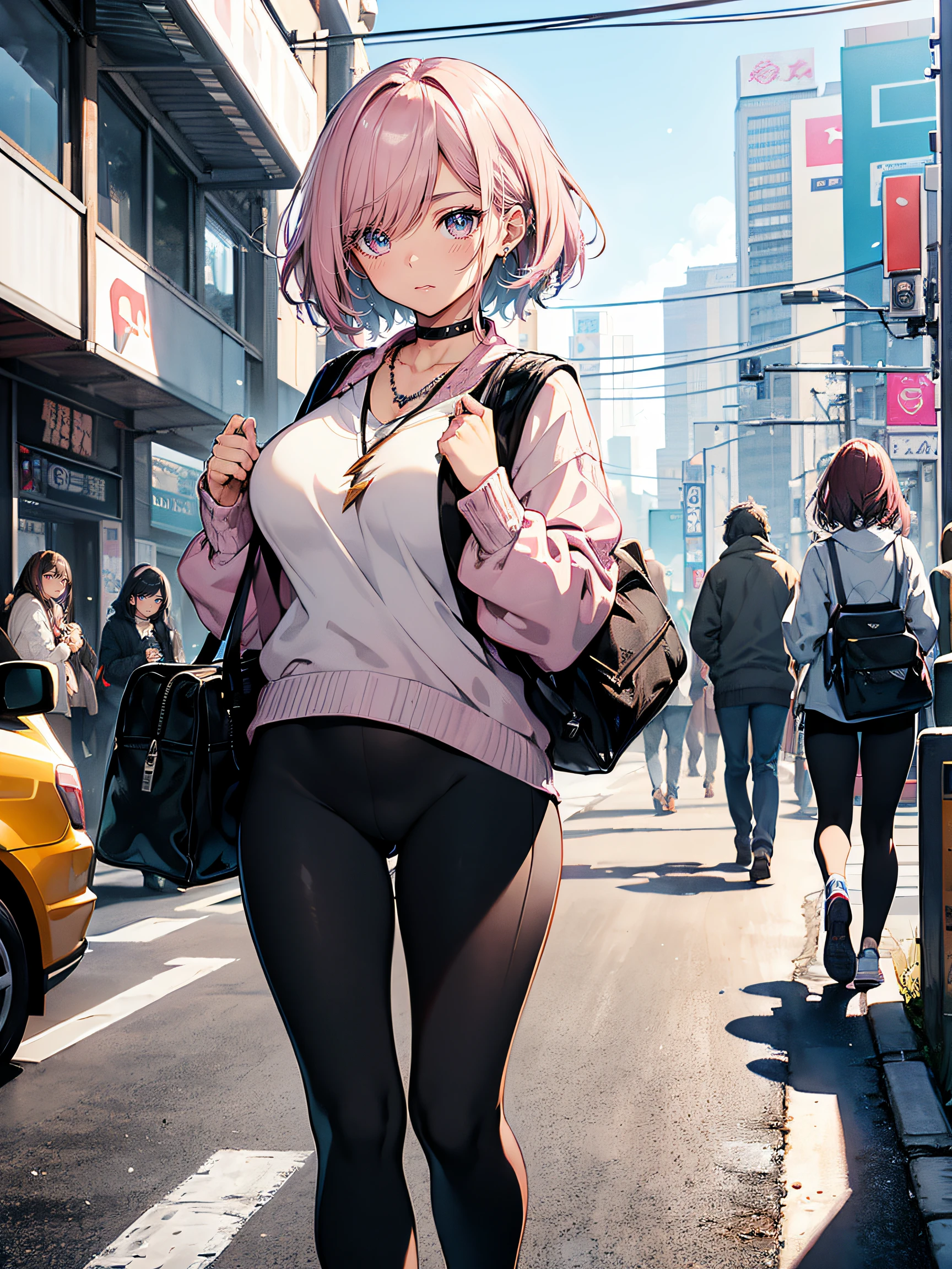 ULTRA DETAILED, HIGH QUALITY, 4K HD, 1girl, blue short hair with slight curvy ends, shiny blue eyes with a star in the middle of her eyeballs, wearing loose white long-sleeve blouse, black pants, ((round ass)) , (cleavage of her breasts shown through her clothes), smiling, pink cheeks, cute, (((walking on a busy street in Tokyo Japan ,pink backpack on the back