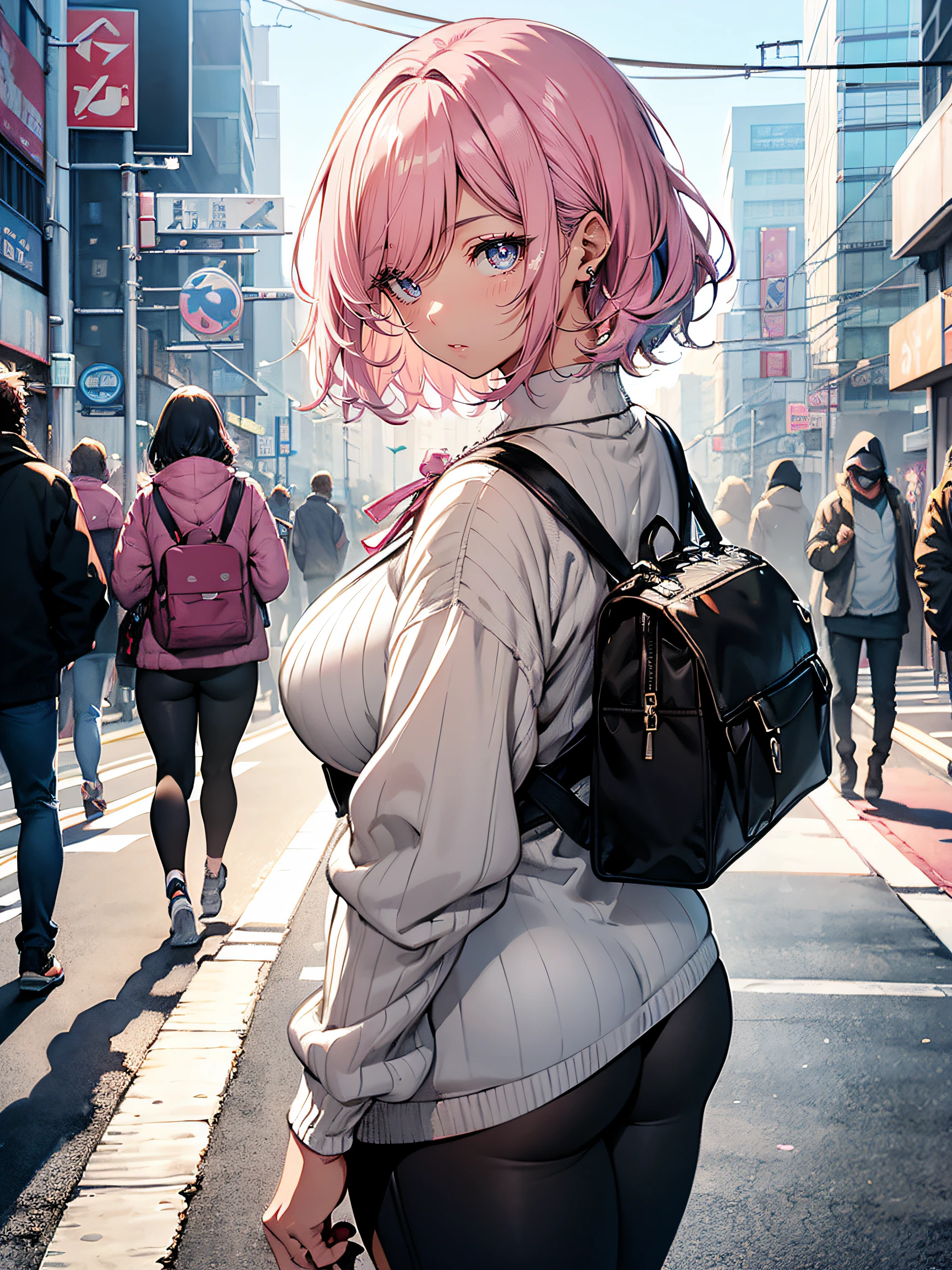hiquality, hight resolution, ultra-detailliert, high-level image quality, hightquality, anime illustrated, (finely detailed beautiful eye: 1.2), Detailed eye depiction, (finely detailed eyes and detailed face:1.3), (extremely details CG, Best Shadow:1.1), Depth of field and blur, (Perfect Detail: 1.1) , digitial illustration, Enamel Art, Center, Watercolor painting, art stations, concept-art, character sheets, Lightning Wave, beautiful anime watercolors, Vibrant colors, Sharp Focus, art by:hyung tae kim, Fine detail, intricate detailes, highleg, Colossal tits, gargantuan butt、Curvaceous body, Detailed eye depiction, Vibrant colors, Sharp Focus, realistic skin textures、Whip body,Short bob hairstyle, (gray) eyeshadow, (blue) lip color, (white) knit top, (black) leggings, (white) sneakers, Accessories are (pink) ribbon, (pink) necklace, (black) backpack, Background is standing at a taxi stand in Shinjuku and waiting for someone.