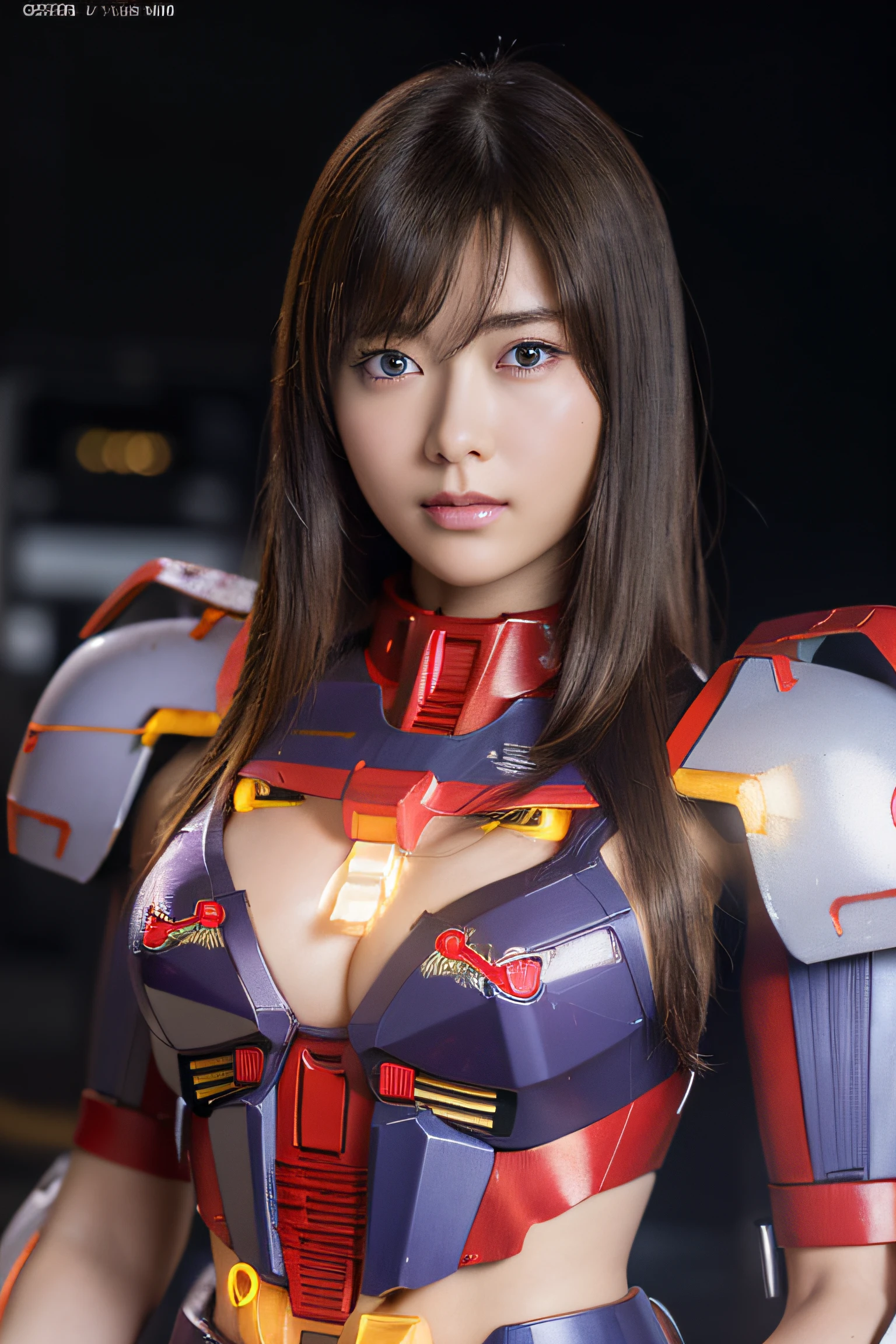 Top Quality, Masterpiece, Ultra High Resolution, (Photorealistic: 1.4), Raw Photo, 1 Girl, blonds Hair, Glossy Skin, (1 Mechanical Girl:1.1), (Ultra Realistic Detail)), Portrait, Global Illumination, Shadows, Octane Rendering, 8K, Ultra Sharp, (flat chest:1.4), Cleavage Exposed Raw Skin, Metal, Intricate Ornament Details, Japan Details, Very intricate details, realistic light, CGSoation trend, purple eyes, glowing eyes, facing the camera, (neon details, mechanical limbs, blood vessels connected to the tube, mechanical vertebrae attached to the back, mechanical cervical attachment to the neck, wires and cables connecting to the head, (gundam:1.35), small LED lamps:1.2), full body, (any pose:1.3), (midriff peek:1.2)