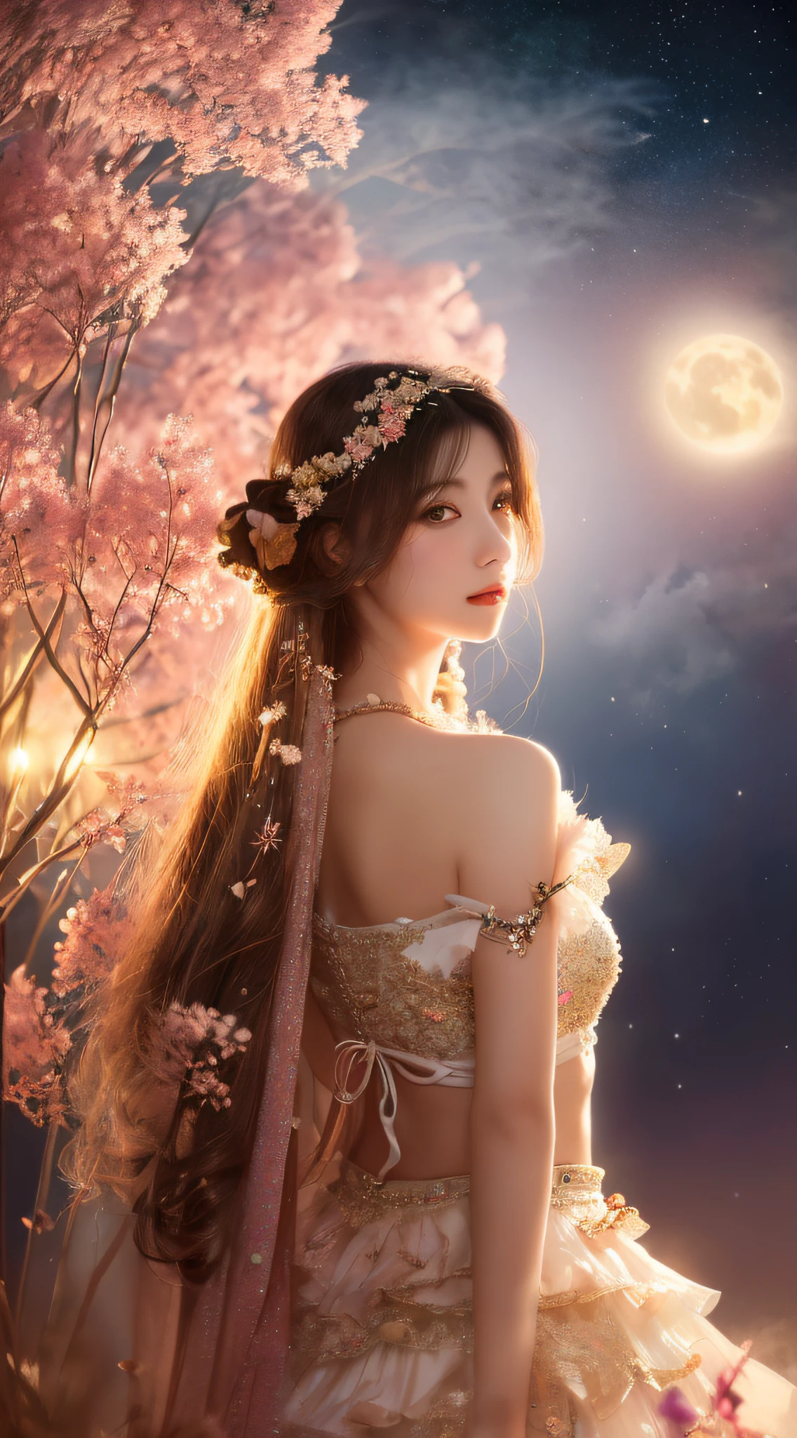 (masutepiece, of the highest quality, Best Quality, Official art, Beautiful and aesthetic:1.2), (1girl in), ighly detailed,(Fractal Art:1.3),Colorful,highest details, pastel, Luminous, blazing, Pearlescent, Irridescent color, Moon