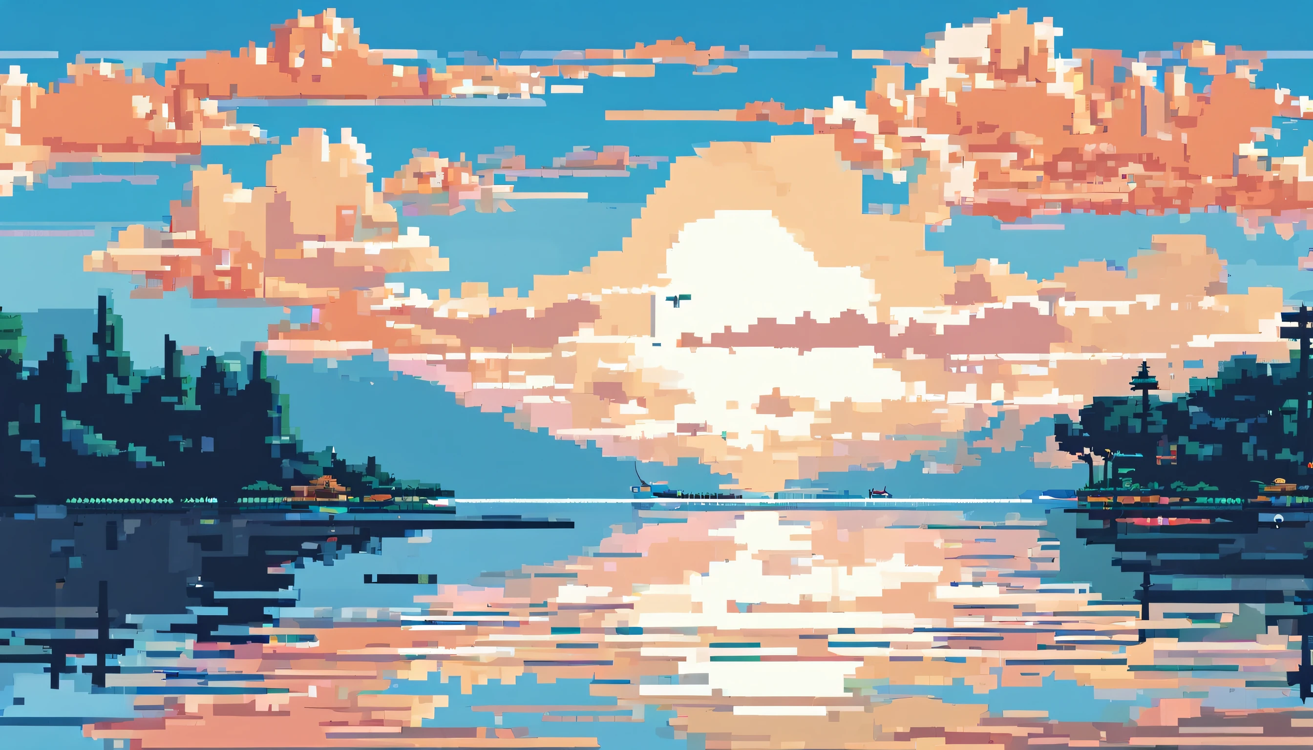 The lake and the sky are separated by a straight track。The lake is calm,Pure white clouds floating in the blue sky(Dynamic) (in style of hayao miyazaki)(idyllic) (comic strip)