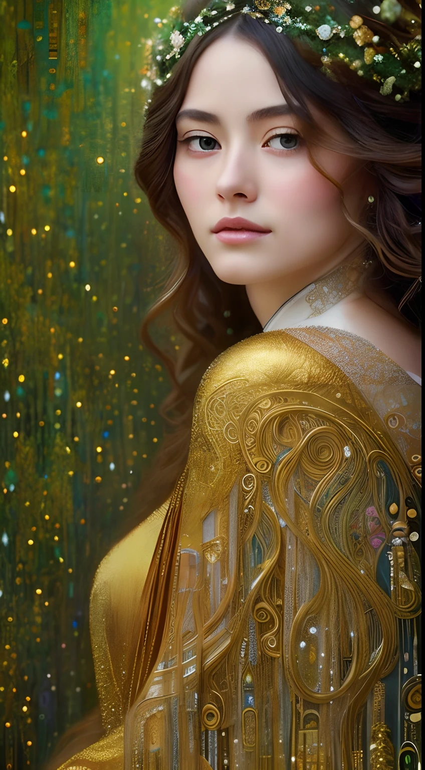 high quality, highly detailed, Envision a hyper-realistic portrait inspired by the enchanting style of Gustav Klimt, set in a magical twilight forest. The captivating stunning woman, adorned in flowing robes reminiscent of Klimt's golden period, stands amidst ethereal flora under the soft glow of the moon, Drawing from Klimt's intricate patterns and symbolism, the artist meticulously captures the beautiful woman's features, emphasizing the mesmerizing details of her expression, The strands of her flowing hair cascade gracefully, echoing Klimt's ornate and decorative compositions, by yukisakura, high detailed,