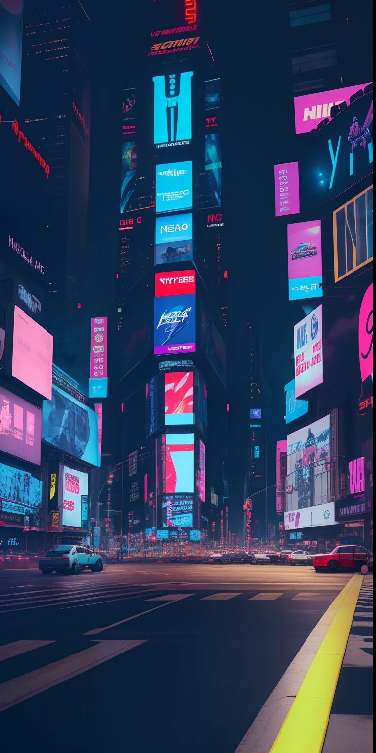 City streets are lit up at night，Neon signs and traffic, sci - fi scene future new york, vfx powers at night in the city, neo tokyo background, cyberpunk dreamscape, Neon city in the background, in times square, at cyberpunk city, cyberpunk aesthetics, vaporwave city, Neon City, cinematic neon matte painting, Post-apocalyptic Times Square, hyper realistic cyberpunk city