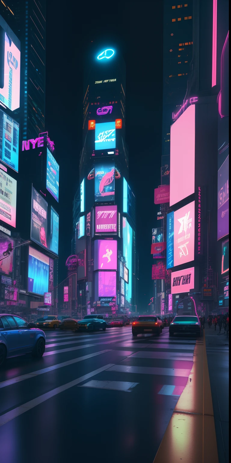 City streets are lit up at night，Neon signs and traffic, sci - fi scene future new york, vfx powers at night in the city, neo tokyo background, cyberpunk dreamscape, Neon city in the background, in times square, at cyberpunk city, cyberpunk aesthetics, vaporwave city, Neon City, cinematic neon matte painting, Post-apocalyptic Times Square, hyper realistic cyberpunk city