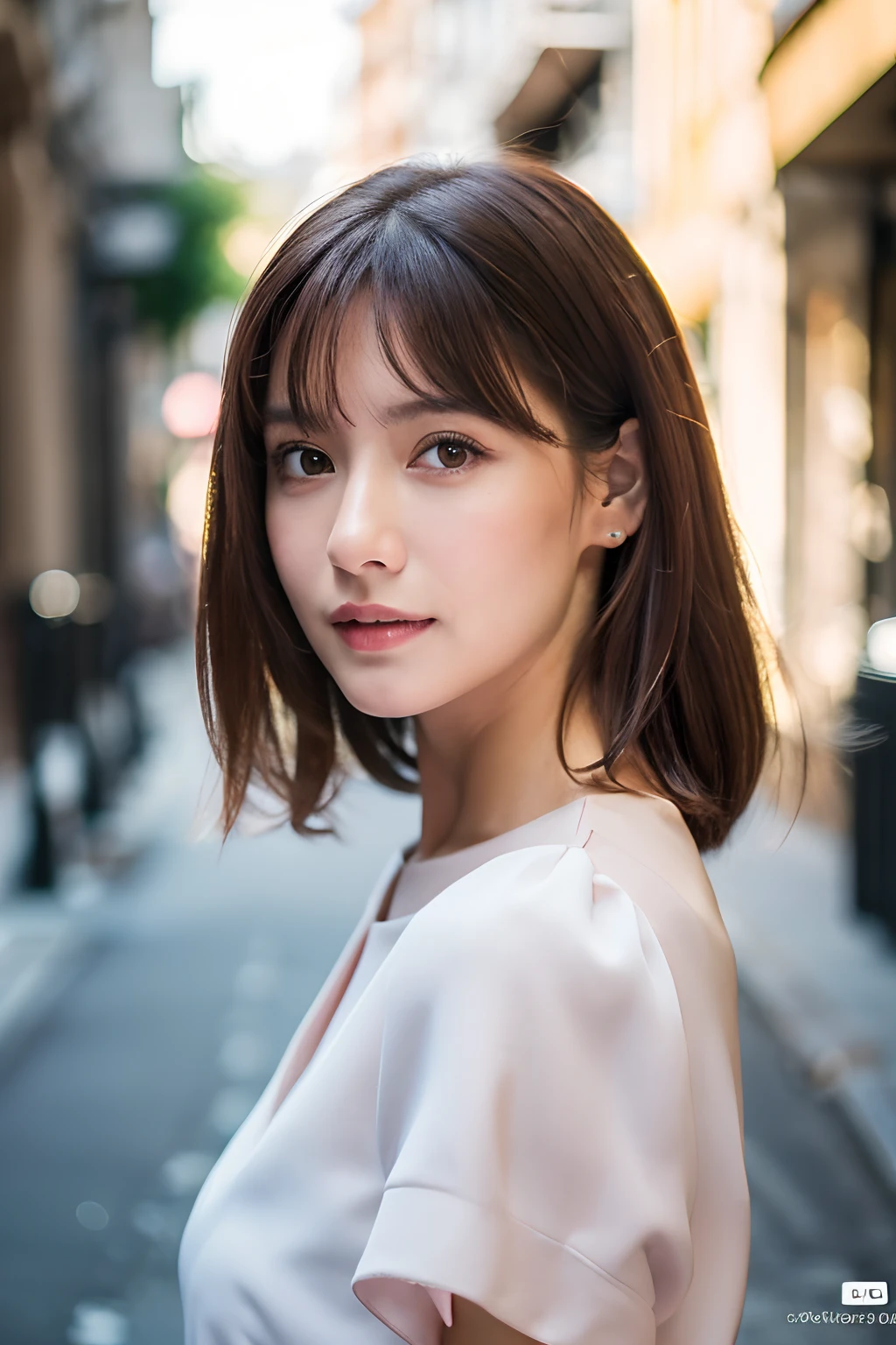 ((Best quality, 8k, Masterpiece :1.3)), Sharp focus :1.2, perfect figure beautiful woman:1.4, White color blouse, Pink dress, ((dark brown  hair, )), (Natural light, City street:1.1), Highly detailed facial and skin texture，詳細な目，二重まぶた