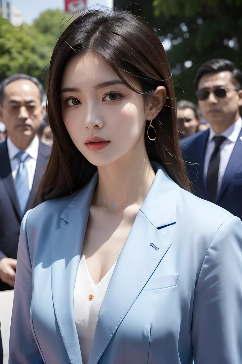 sunny afternoon,A group of bodyguards surrounds a beautiful president,The beauty stood in the middle with sharp eyes,Light,Realistic characters,best qualtiy,8K,超高分辨率,Asia face,Extreme depiction of the face