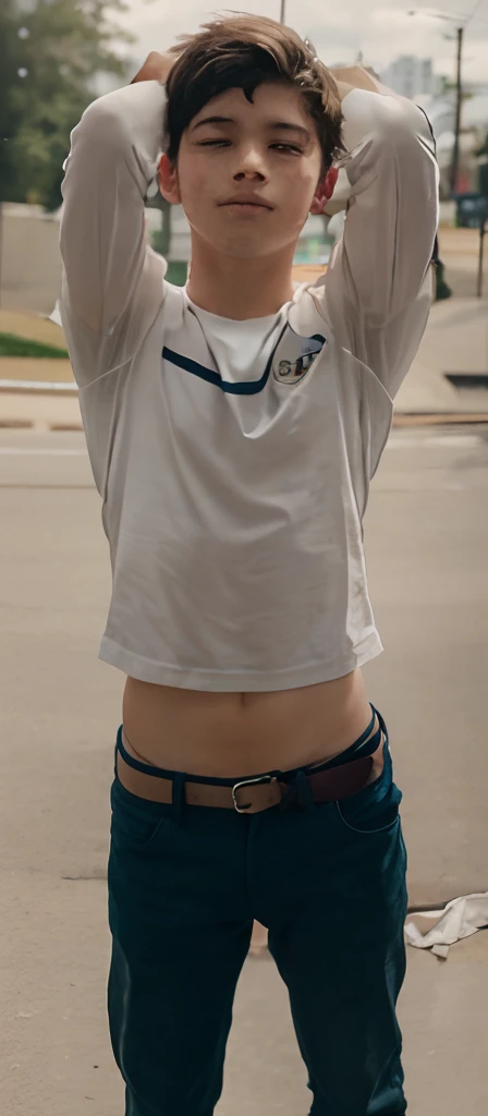 (best quality:1.2), masterpiece, Realistic, Ultra-high resolution, ((a beautiful Japanese idol 12 years old woman:1.2)), (Gaunt:1.3), (((Very flat chest:1.4))), ((Baby Face)), (((Show me your sweaty armpits:1.2))), ((Upper Body:1.4)), (arms up), (focus on her armpit:1.3), ((Armpits are wet and shiny with sweat)), She has skin that sweats easily Soaking wet, (athletics stadium, track and field athlete:1.2), ((topless))