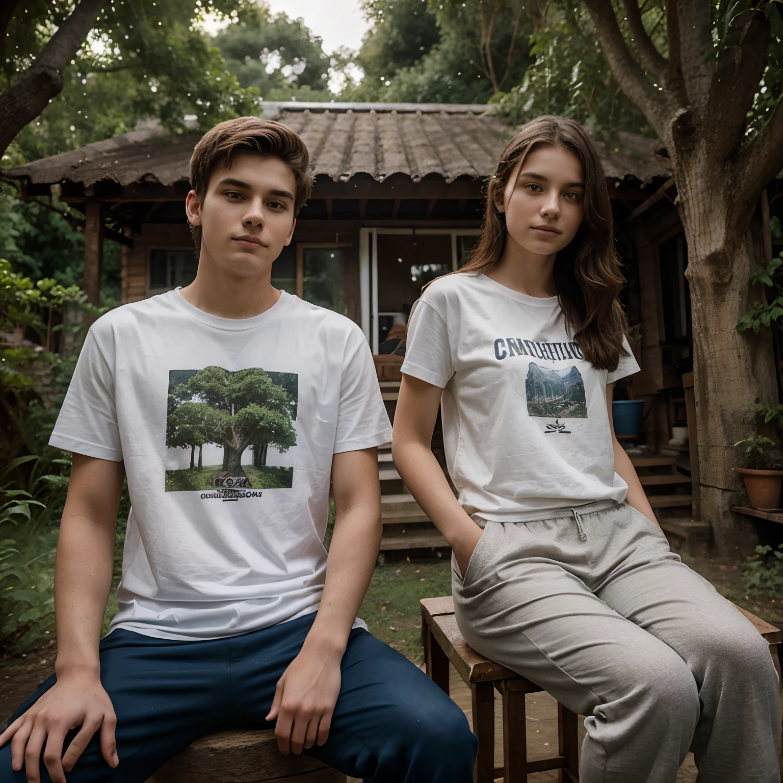 18 year old woman, 20 year old man in t-shirt and trousers sitting in a village house with lots of trees and plants, with a forest background