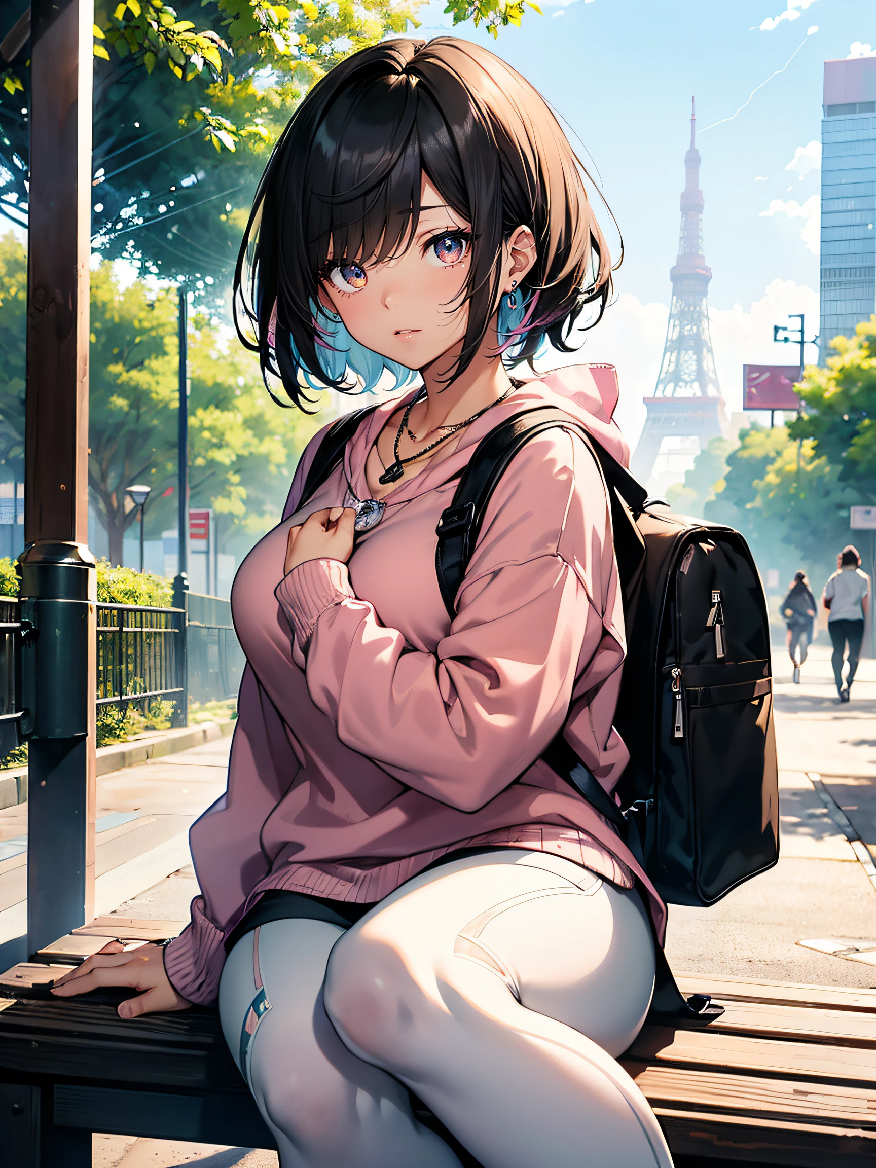 Anime girl sitting on a bench in front of a city - SeaArt AI