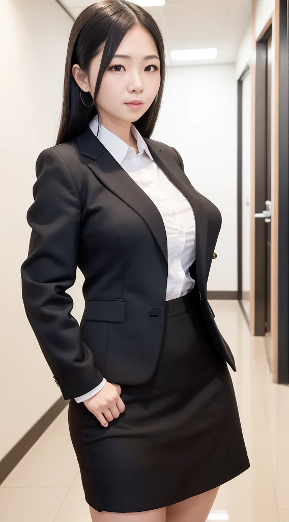 (masutepiece,High quality:1.3),(depth of fields:1.3) ,((front body:1.35)), Japanese ,woman, (Women's business black suits black midi skirt ,White collared shirt:1.2),Huge breasts,(Looking at Viewer:1.3),(full body:1.2),(Hands on hips:1.2) Inside the office by the window