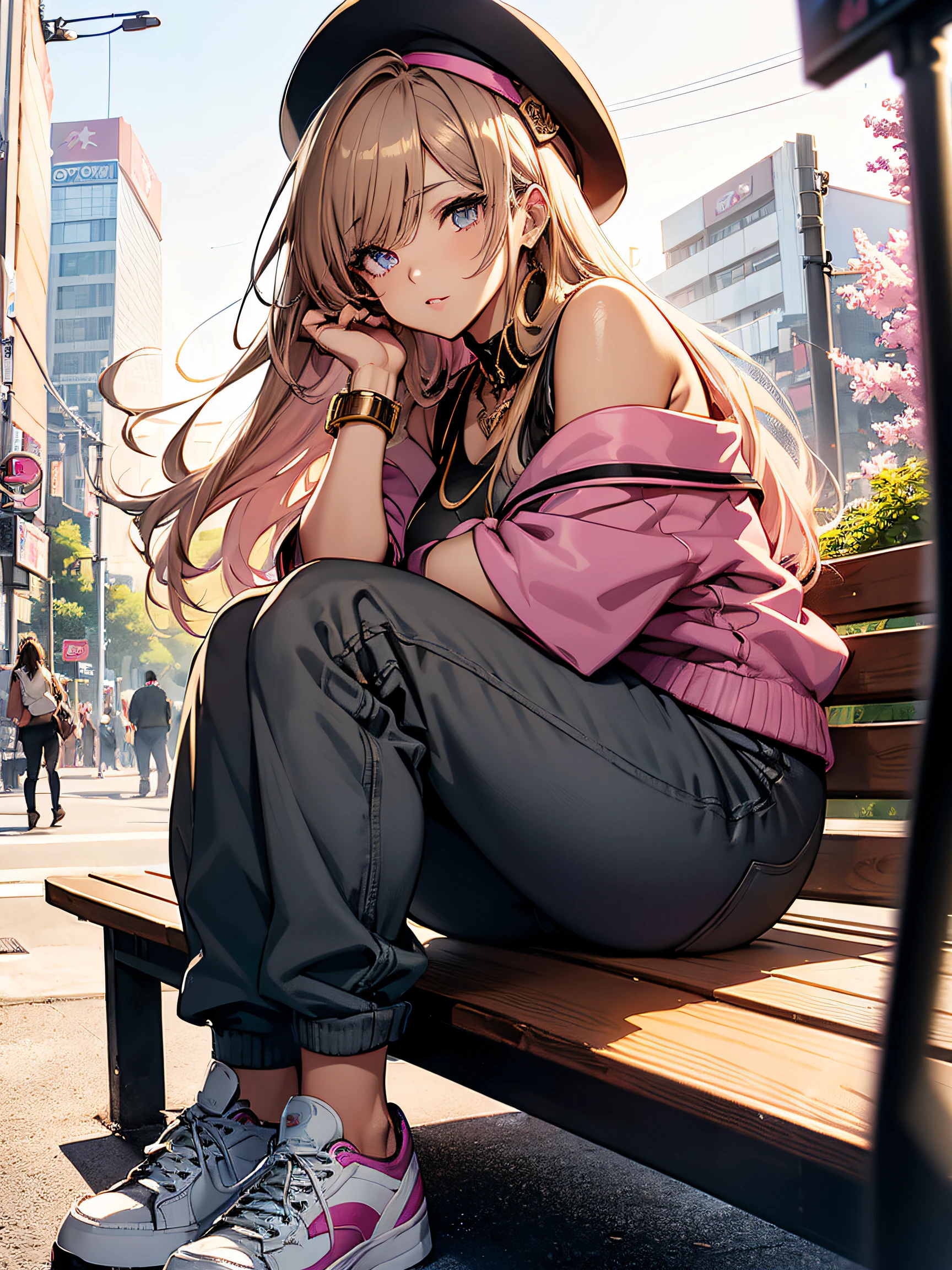 hiquality, hight resolution, ultra-detailliert, high-level image quality, hightquality, anime illustrated, (finely detailed beautiful eye: 1.2), Detailed eye depiction, (finely detailed eyes and detailed face:1.3), (extremely details CG, Best Shadow:1.1), Depth of field and blur, (Perfect Detail: 1.1) , digitial illustration, Enamel Art, Center, Watercolor painting, art stations, concept-art, character sheets, Lightning Wave, beautiful anime watercolors, Vibrant colors, Sharp Focus, art by:hyung tae kim, Fine detail, intricate detailes, highleg, Colossal tits, gargantuan butt、Curvaceous body, Detailed eye depiction, Vibrant colors, Sharp Focus, realistic skin textures、Whip body,Long straight hairstyle, (brown) hair color, (purple) eyeshadow, (pink) lip color, (black) off-shoulder knit, (gray) checkered wide pants, (white) sneakers, Accessories are (gold) heart pendant, (gold) bangle, (black) beret, Background is sitting on a bench in a park with a view of Tokyo Tower, looking at smartphone while waiting for someone.