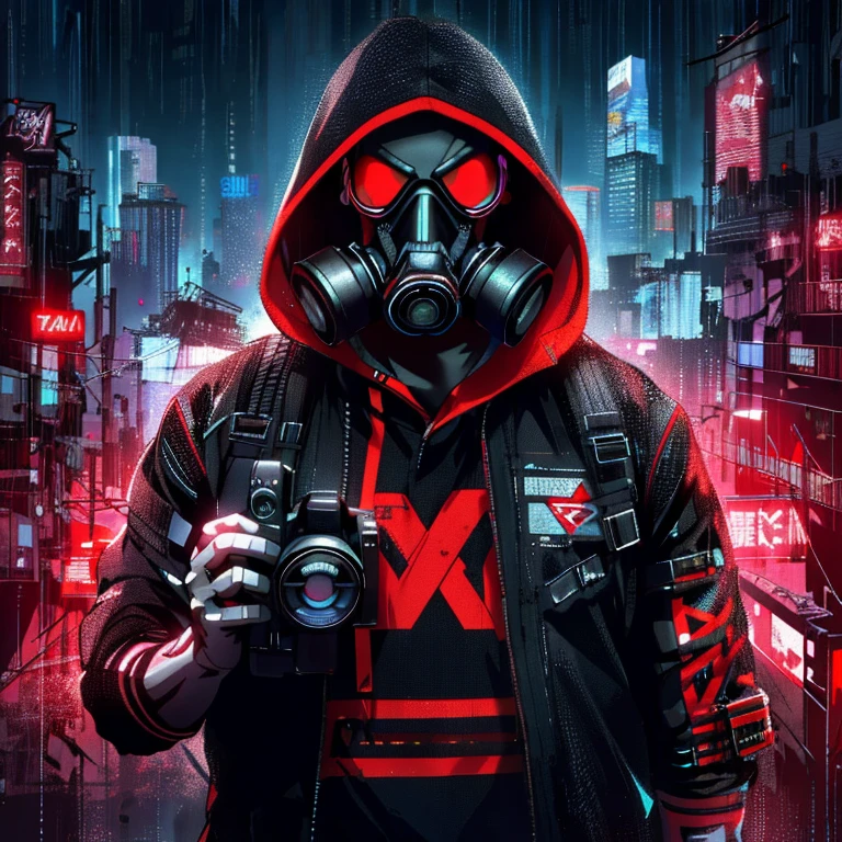 Man in gas mask holding camera in city at night, hacker cyberpunk, cyber noir, Techwear Cyberpunk, Cyberpunk Streetwear, cyberpunk hero, usando streetwear cyberpunk, Cyberpunk ?????, estilo cyberpunk hiper-realista, estilo cyberpunk horror, vibe cyberpunk, arte digital cyberpunk, Cyberpunk Rua ????, tem estilo cyberpunk, cara cyberpunk, Cybernetic style, estilo de arte cyberpunk, cyberpunk moderno