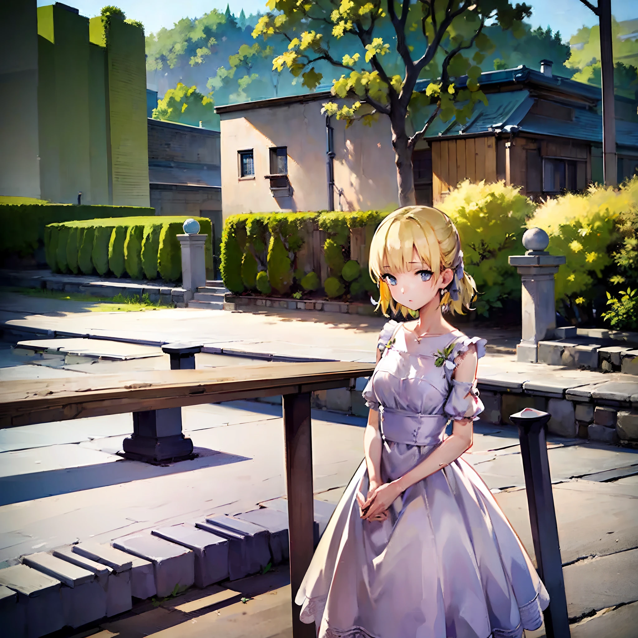 (​masterpiece、top-quality、top-quality、Official art、Beautifully Aesthetic:1.2)、((1girl in))、Stand in the garden、looking at the viewers、(Longer dress)