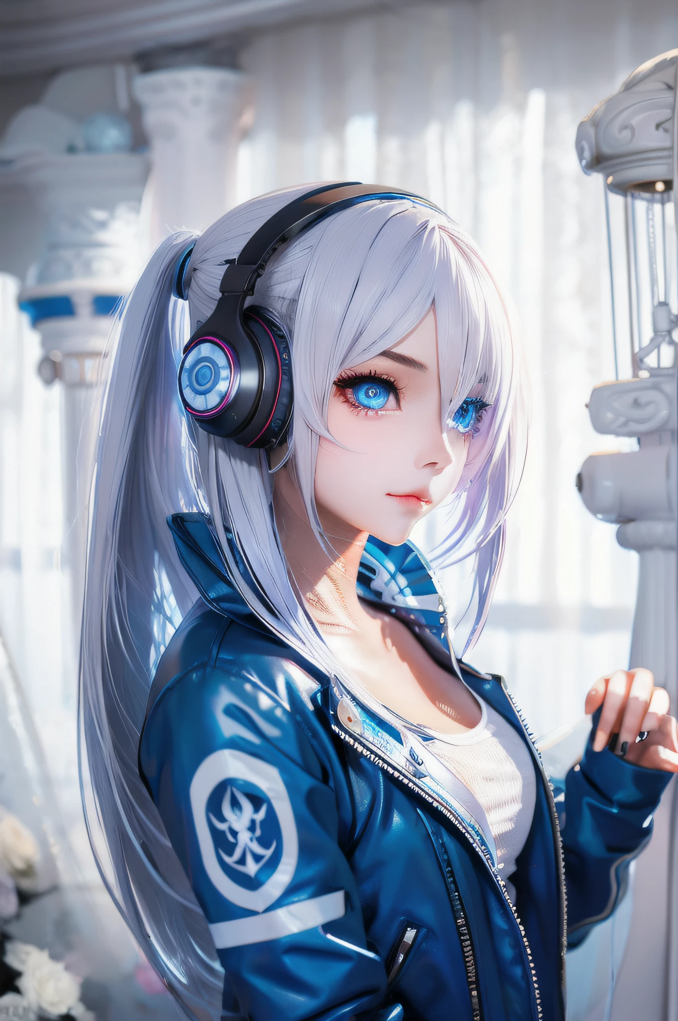 girl with long blue hair, blue eyes, futuristic vibes, mask on mouth, headphones, 8k, high quality, simple background, glowing eyes, nice pose