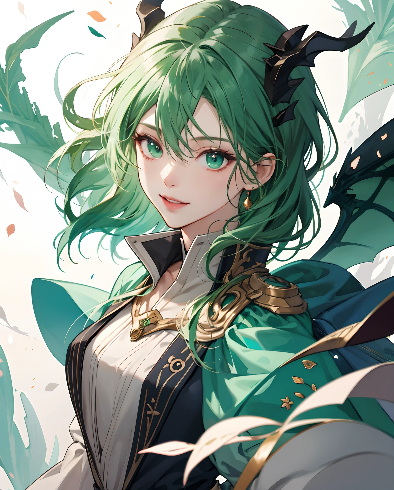masterpiece、top-quality、超A high resolution、2D Beautiful Girl、animesque、teens girl、green colored hair、short-haired、Wind dragon-like figure、Beautiful green eyes、The clothes are also depicted in detail、Eyes are depicted in detail、The face is depicted in detail、sorcerer、soio、Gentle smile、hair adornments、animesque、illustratio
