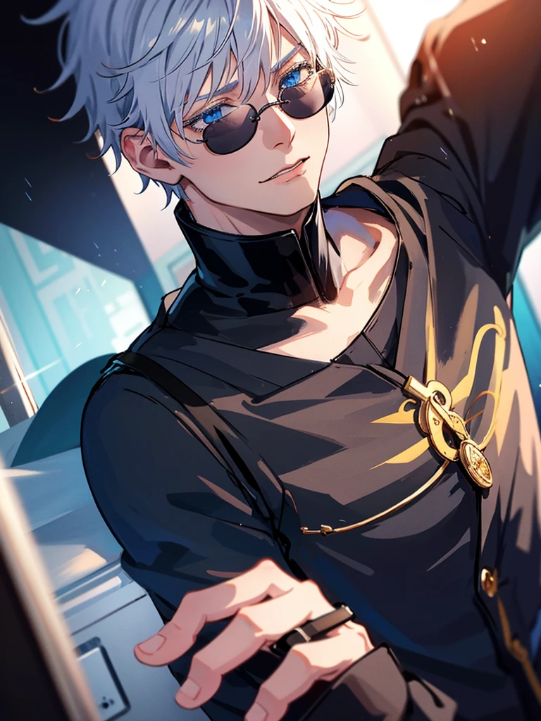 1 man, Satoru Gojo, Muscular, black greatcoat, Solo, Male focus, White hair, Short hair, hair between eye, Blue eyes, desk, Look up at the sky, colored eyelashes, sunglasses, Sad laughter, Tears in my eyes, Solo, rainy days (Masterpiece:1, 2), A high resolution, Original, extremelydetailedwallpaper, Perfect lighting, (Extremely detailed CG:1.2), Masterpiece, Best quality, Best quality, Masterpiece