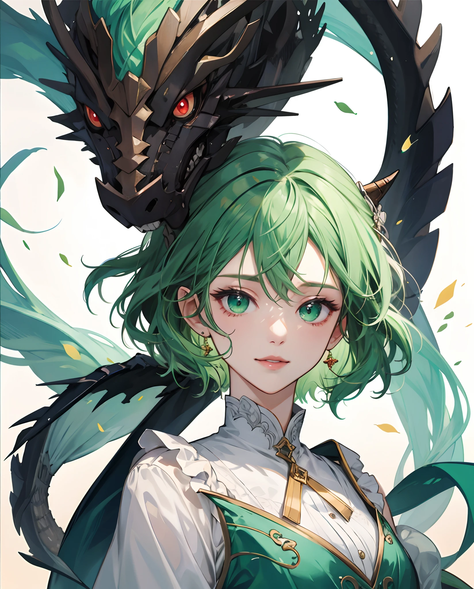 masterpiece、top-quality、超A high resolution、2D Beautiful Girl、animesque、teens girl、green colored hair、short-haired、Wind dragon-like figure、Beautiful green eyes、The clothes are also depicted in detail、Eyes are depicted in detail、The face is depicted in detail、sorcerer、soio、Gentle smile、hair adornments、animesque、illustratio