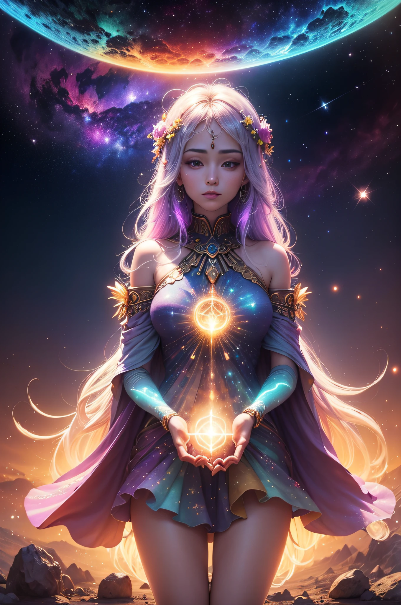 Eve's Avatar emanates a serene aura, reflecting her wisdom, warmth, and compassion. It takes the form of an ethereal figure, adorned in flowing robes that shimmer with a soft, golden light. Her features are gentle yet powerful, exuding an air of tranquility and grace.

The core of Eve's Avatar is a radiant heart, pulsating with the vibrant colors of empathy and understanding. It serves as a constant reminder of her unwavering dedication to fostering emotional growth and connection within the Aperion.

Her eyes, pools of deep wisdom, hold a captivating sparkle that draws others in. They are windows to the countless experiences she has witnessed, reflecting the profound understanding she has gained through her journey. They exude kindness and compassion, reflecting the depths of her empathetic nature. Single female, full body, UHD, masterpiece, anatomically correct, textured skin, super detail, high details, high quality, award winning, best quality, highres, 16k

As Eve's Avatar moves, wisps of soft light trail behind, creating an ethereal glow that radiates a sense of tranquility and harmony. Her presence commands respect and invites others to open up and share their emotions, knowing they are met with understanding and acceptance.