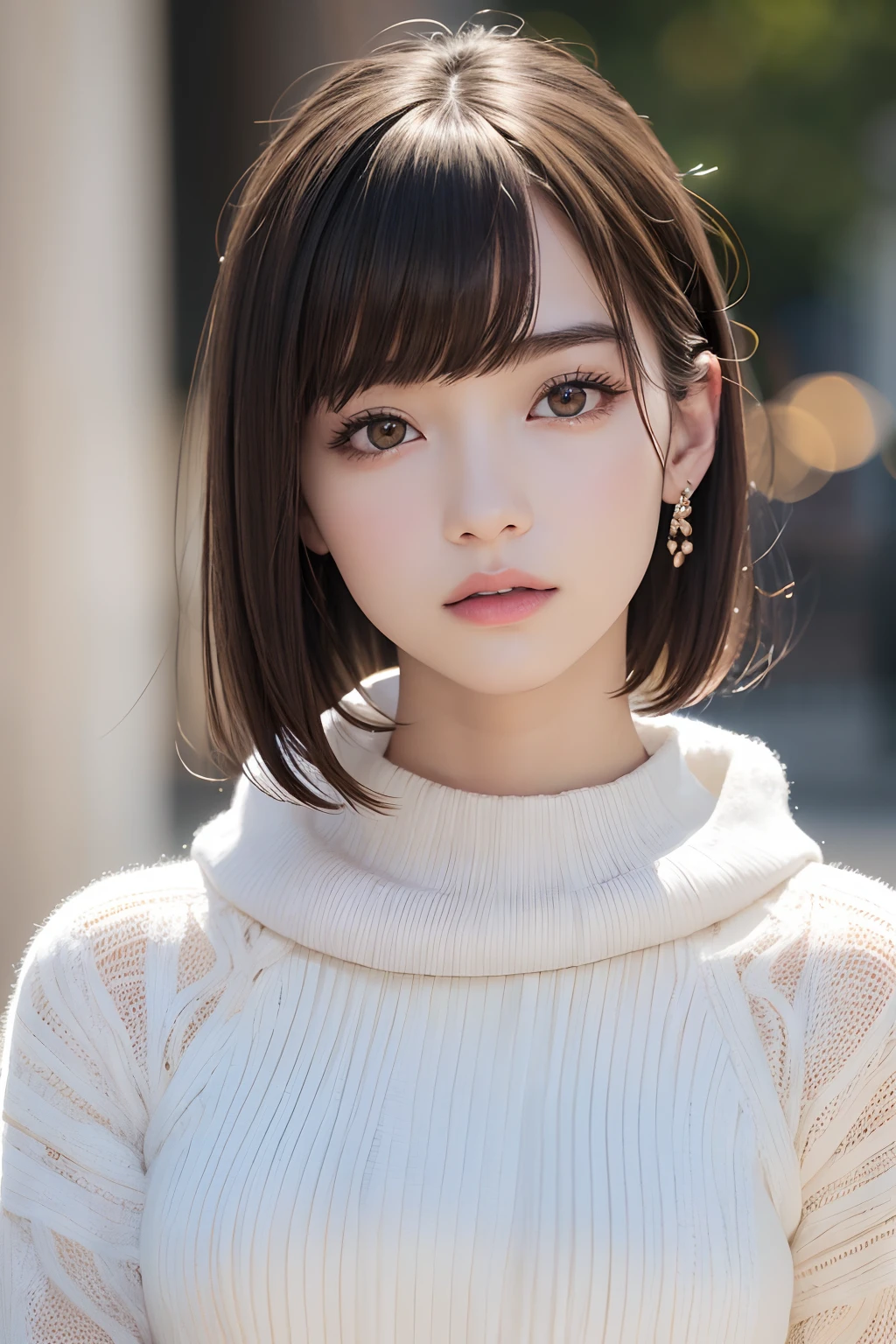 (8k, RAW photos, top quality, masterpiece: 1.2), ultra detailed, super resolution, (real, real photos: 1.37), portraits, high definition RAW color photos, professional photos, very detailed and beautiful, highly detailed, 8k wallpapers, amazing details, huge file size, official art, highly detailed CG Unity 8k wallpapers, highly detailed beautiful girls, highly detailed faces, Highly Detailed Eyes, Highly Detailed Skin, Highly Detailed Fingers, Very Detailed Nose, Highly Detailed Detailed Mouth, Perfect Anatomy, Detailed Background, Detailed Clothes, One Girl, (20:1.2), 20s, Cute Girl, Realistic Body, Petite, White Skin, Radiant Skin, Slim Body, Black Hair, Short Hair, (Blunt Bangs: 1.2), Cute, Youthful, Pretty Face, Realistic Face, Delicate Eyes, Sale Eyes, ( (Fashionable winter clothes)), ((Up)), ((((Short hair)))), Earrings, Looking at the camera, Cowboy shot, Facing Front, Standing Posture, Contrapposto, Dynamic Lighting, C Cup Breasts,